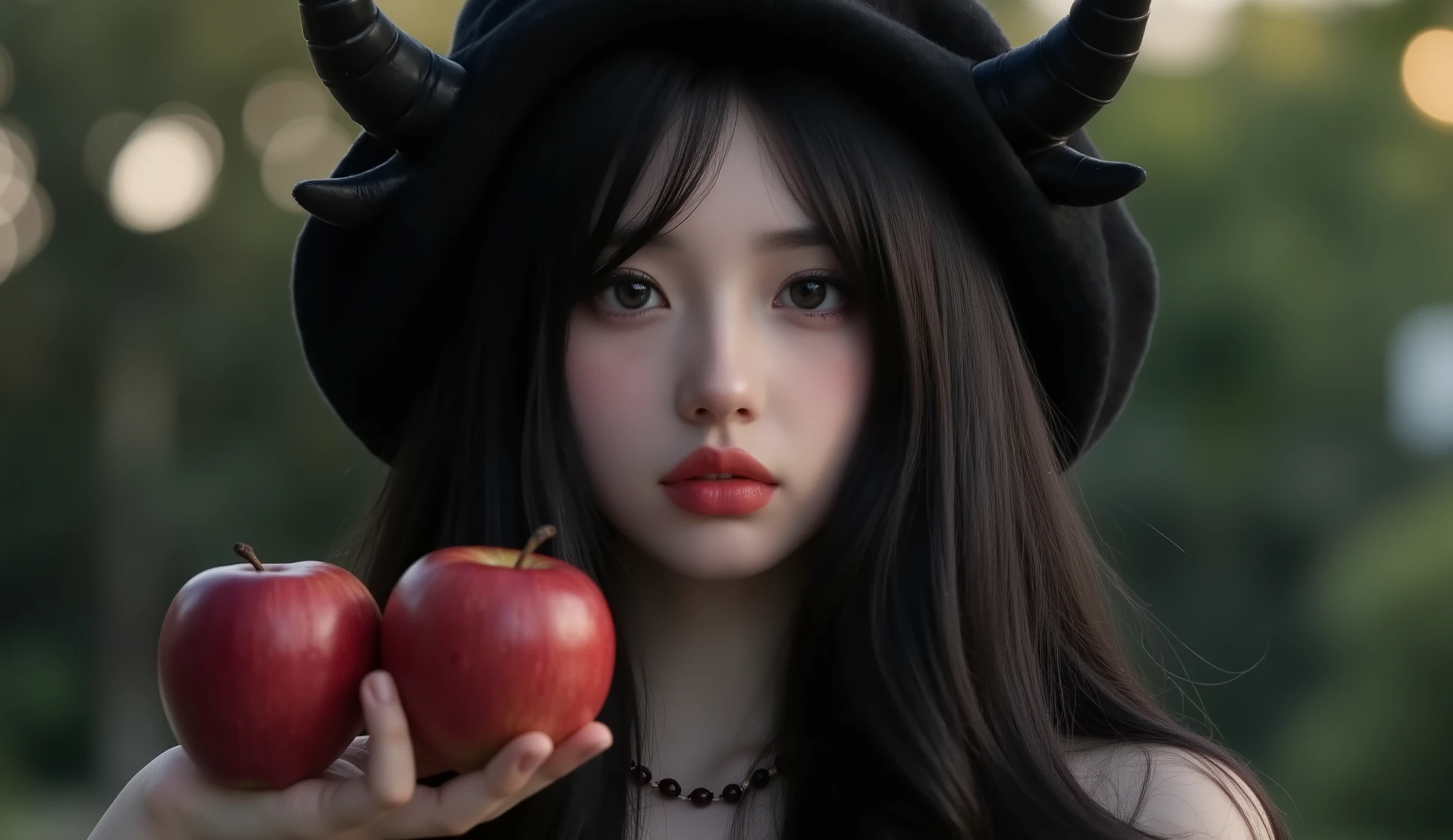 ((RAW Photo), absurd, (absurdresolution)), masterpiece, best quality, (Extremely detailed 8k unity CG wallpaper), (best illustration), (best shadow), Realistic lighting, beautiful detailed glow, ((21 years old)), girl, long black hair, black queen, accessories, apple in hand, poisoned apples, witch queen, red lipstick, (((Photographic Perspective of her)))