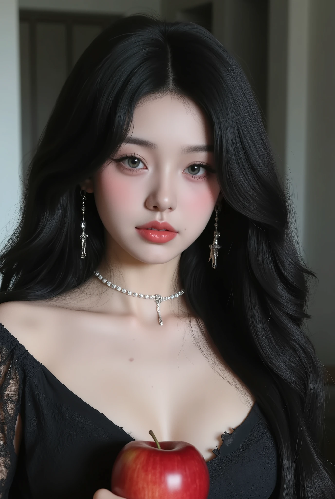 ((raw image button), nonsense, (absurd accuracy), a masterpiece, the best quality, (ultra-detailed 8k unified CG background)، (Best illustration)، (The best shade), realistic lighting, beautiful and detailed glow, ((21 years old)), girl, long black hair, black queen, accessories, apple in hand, poisoned apple, queen of witches, red lipstick, (((, a photographic perspective for her)))
