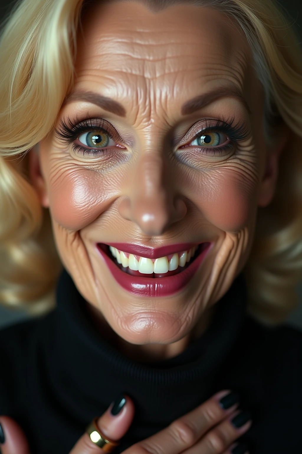 photo of a skinny very old wrinkly-faced faced mature blonde messy long hair thrown into a messy bun ponytail. She wears: (turtleneck soft high ribbed white super tight sweater:1.1),   pose, high tight ribbed neck,  smile, perfect fake tits,  eager granny, teasing sexy old lady, mouth retractor gag