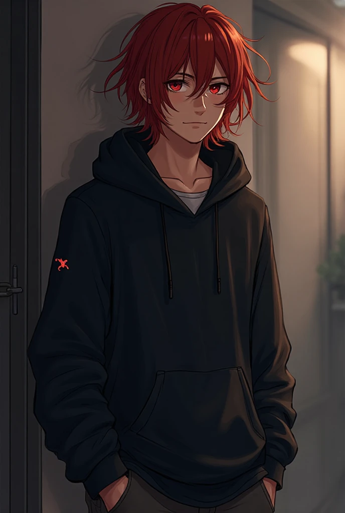 A young man standing calmly at someone’s side, his presence steady and reassuring, like solid ground beneath uncertain feet.
He has shoulder-length crimson-red hair, softly unkempt with windswept strands brushing across his cheek. The color subtly shifts depending on his emotions, faintly glowing at the ends with a warm ember-like hue.
His eyes are a deep, muted crimson—sharp, yet quietly observant, always watching the one next to him.
He wears a dark hoodie layered over a soft, loose t-shirt, slightly wrinkled from being worn too long. His sleeves are casually pushed up to his forearms.
His pants are relaxed cargo-style, with one pocket slightly weighted from something tucked inside—a keepsake, maybe. His stance is grounded, one leg slightly bent, back leaning gently against a wall or railing.
The Earth symbol “🜃” is stitched subtly on the edge of his sleeve, not as a statement but as something personal and quietly carried.
His left hand is buried in his pocket, but his right hand rests loosely at his side—fingers occasionally twitching, as if instinctively reaching out when words fall short.
The lighting is soft and low, like evening just after sunset. There’s a kotatsu-like warmth around him, even in the muted chill of the atmosphere.
His expression is calm and slightly weary, but deeply focused—entirely attuned to the person beside him, prepared to steady them if they falter.