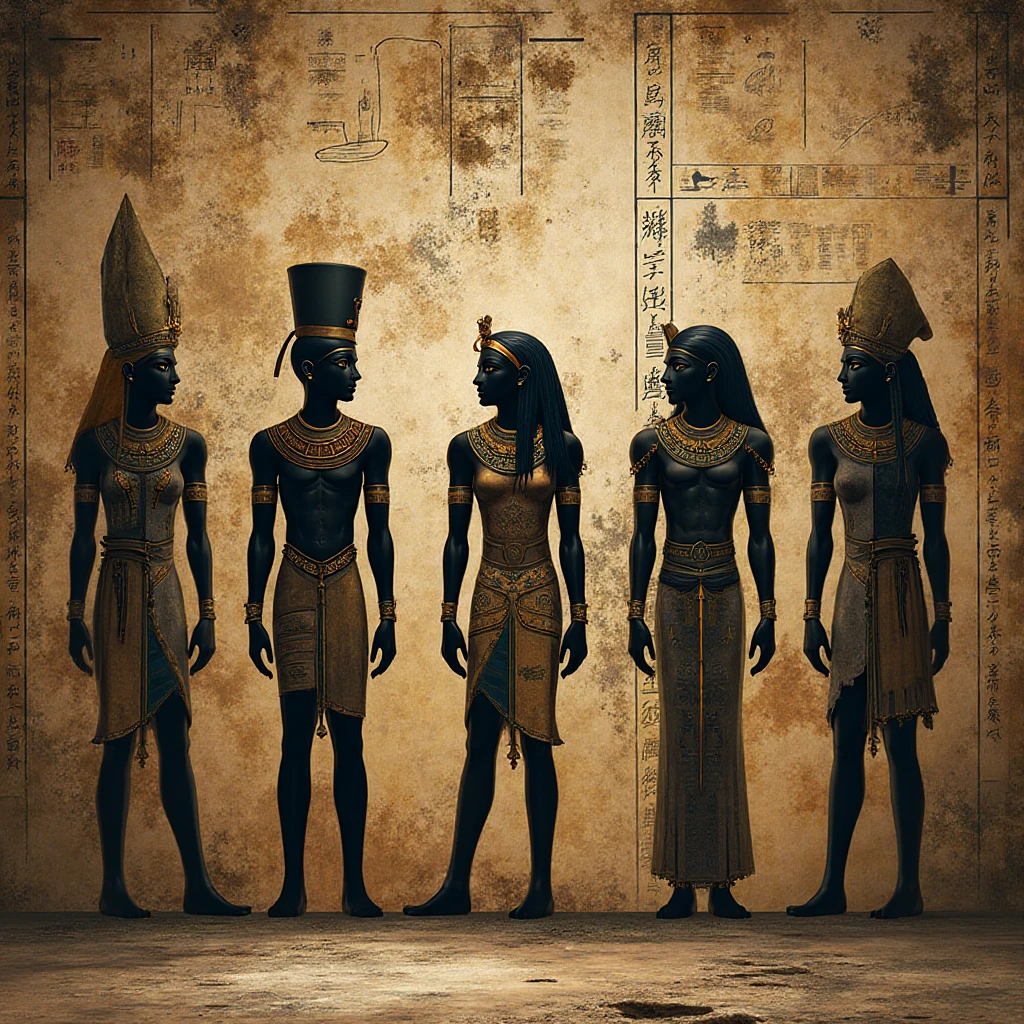 A painting showing the judgment hall of ancient Egypt.  holds a scale holding the heart and feather. There  a serious and respectful atmosphere in the picture. Gold, brown and white colors dominate the picture. In the background of the picture, statues of other gods and goddesses such as Osiris, , Horus, Thoth and Ma'at are seen. On the left side of the picture  the mummified body of the judged dead. On the right side of the picture, the soul of the dead awaits the outcome of the trial. At the bottom of the painting, a monster called Ammit  ready to devour the soul of the dead. The painting reflects the ancient Egyptian belief in life after death and its moral values. Yeni vücuttan çıkmış kalp