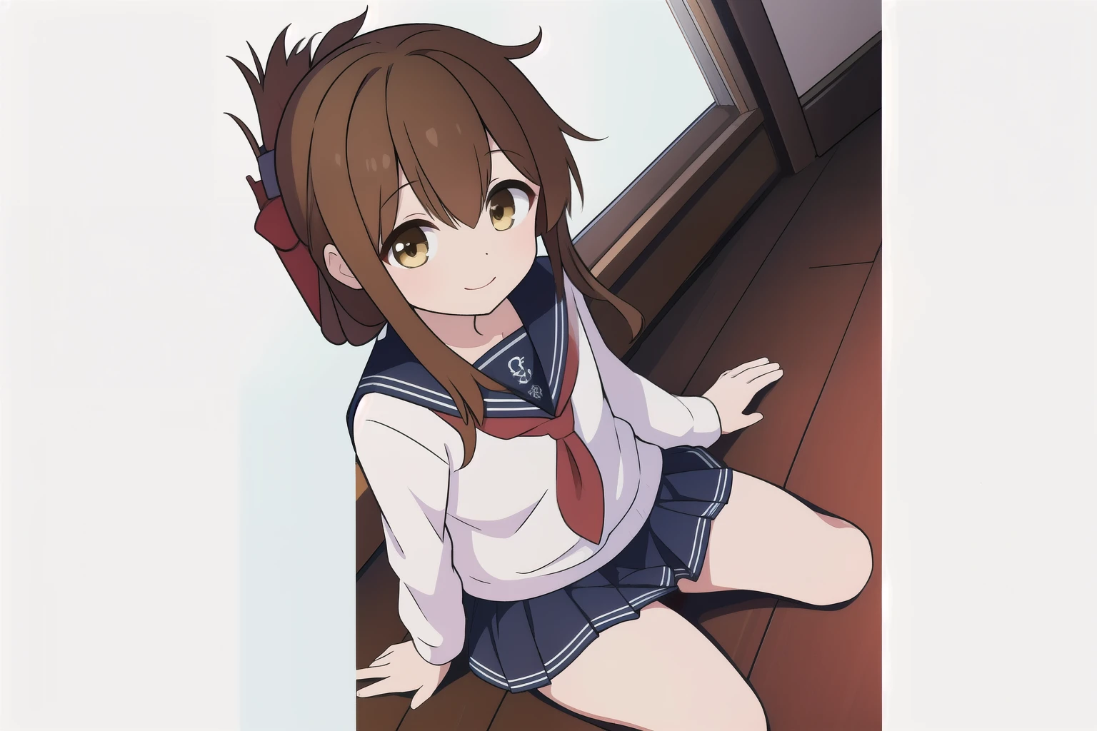 A girl in a miniskirt sailor uniform is sitting on the floor, feeling unwell and watching the class.,(masterpiece, best quality:1.2),illustration,8k,hd,1girl,solo,upper body,(portrait:1.2),brown_hair,folded_ponytail,brown_eyes,serafuku,long_hair,school_uniform,skirt,pleated_skirt,<lora:Inazuma>,thick thighs,better wariza wsitting,smile