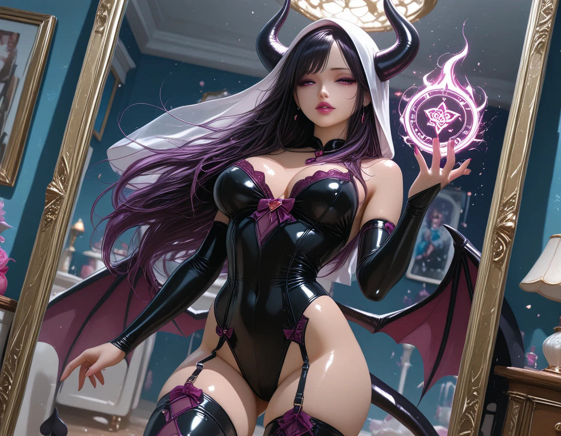 arcane arachnid lady, elise the spider queen, league of legends, arcane arachnid, fighting stance, ( body formed from metallic mauveine and metallic black liquid metallic paint twisting into a beautiful interpretation of the female figure), long sharp fangs, au naturel, ((complex metallic colours in the foreground)), (( fluid mechanics, the loveliest smooth scale face makeup, smirky expression)) - dark blood, onyxia