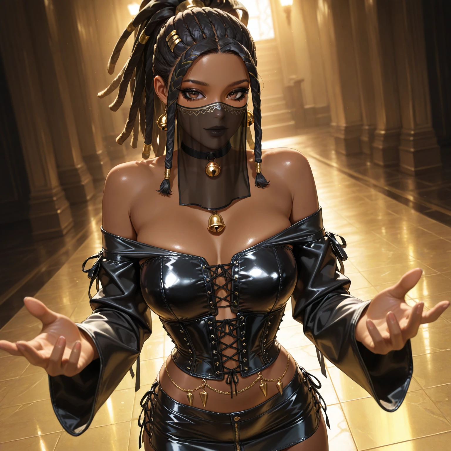 1 black girl 16 years old, mummified whole body, hands tied behind her back, , vibrant and bright colors, The tape is wrapped tightly around her head like a good, covering her lips and leaving her unable to speak, she is in a small cozy tent.