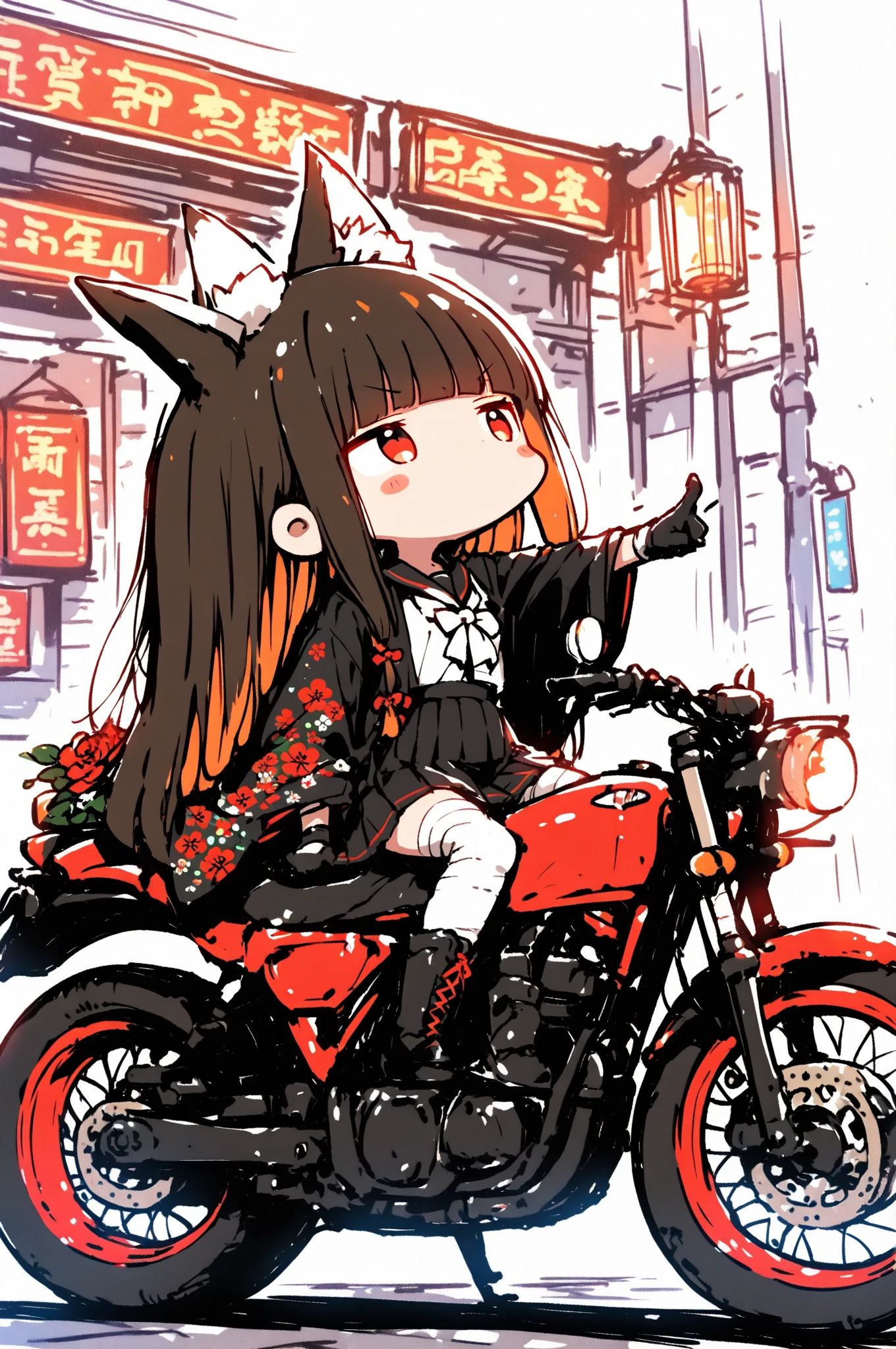 (Sitting on the roof of a building and looking down), A beautiful, slender, tall girl with a very pretty face, strong, determined red eyes, long, straight, lustrous hair, blunt bangs, a princess cut, fox ears the same color as her hair, smooth, fair skin, small, natural , a tight waist, shapely legs, and a perfect , White bandages wrapped around her , black blazer with a red flower design, black pleated skirt, white stockings with a red flower design, black combat gloves, black lace-up long boots, school uniform, and a Japanese sword, (Late night, large full moon, school building rooftop), looking at viewer, Cowboy shot close up, (perfect pose), (cinematic), (masterpiece: 1.3), 8K, highest resolution, highest quality, highest level, highest image quality, intricate details, exquisite details, Chibi,