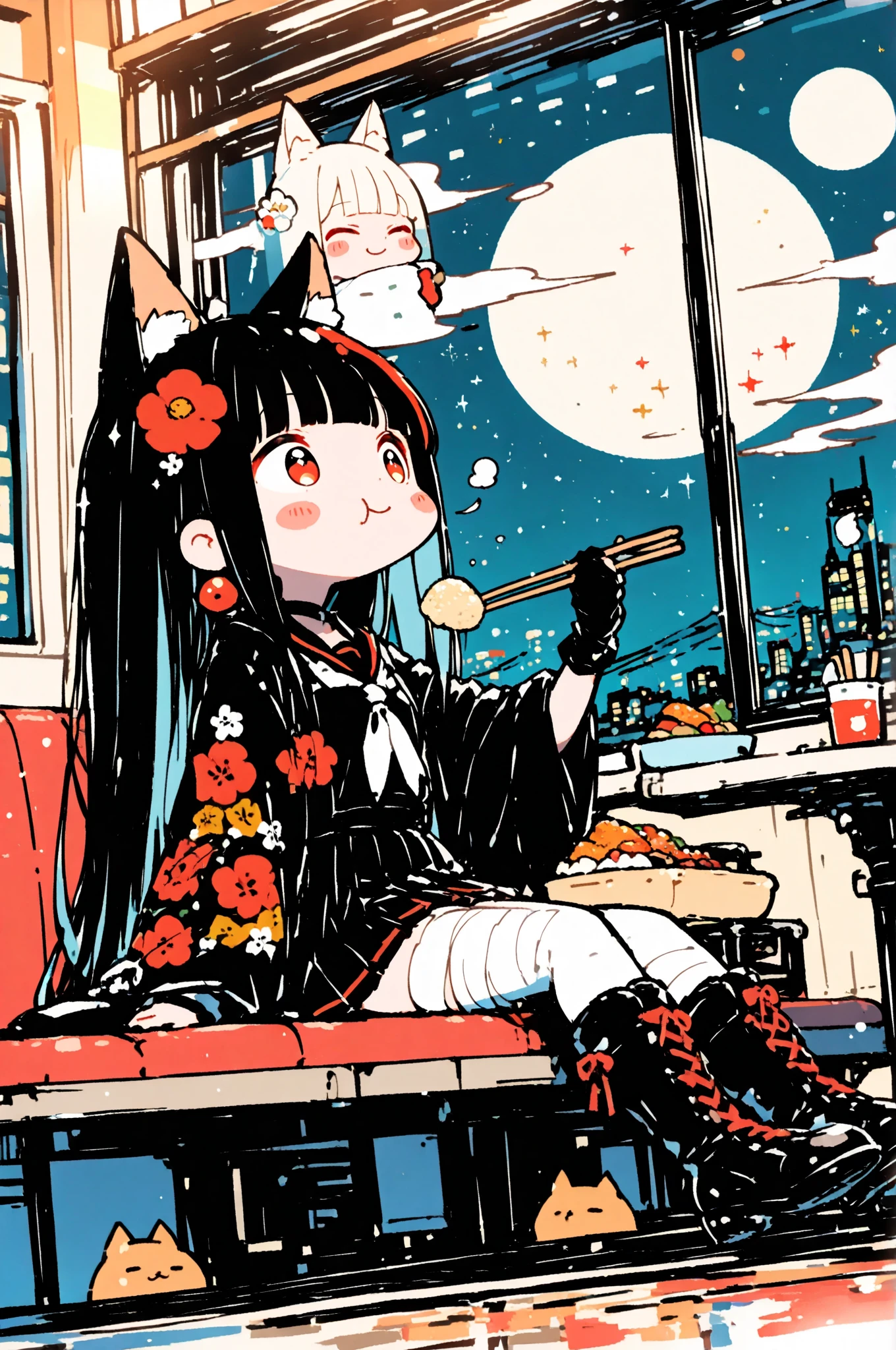 (Sitting on the roof of a building and looking down), A beautiful, slender, tall girl with a very pretty face, strong, determined red eyes, long, straight, lustrous hair, blunt bangs, a princess cut, fox ears the same color as her hair, smooth, fair skin, small, natural , a tight waist, shapely legs, and a perfect , White bandages wrapped around her , black blazer with a red flower design, black pleated skirt, white stockings with a red flower design, black combat gloves, black lace-up long boots, school uniform, and a Japanese sword, (Late night, large full moon, school building rooftop), looking at viewer, Cowboy shot close up, (perfect pose), (cinematic), (masterpiece: 1.3), 8K, highest resolution, highest quality, highest level, highest image quality, intricate details, exquisite details, Chibi,