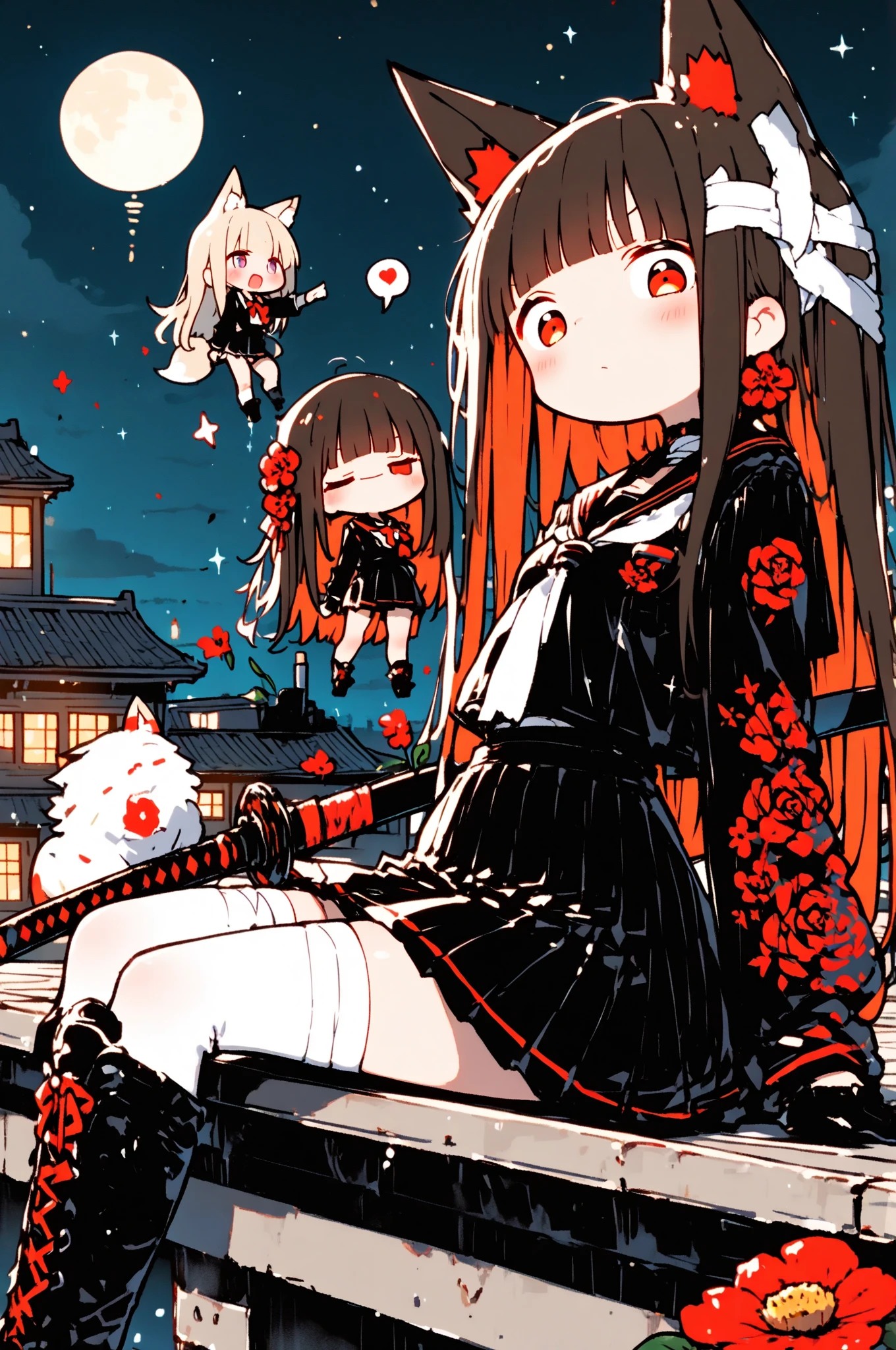 (Sitting on the roof of a building and looking down), A beautiful, slender, tall girl with a very pretty face, strong, determined red eyes, long, straight, lustrous hair, blunt bangs, a princess cut, fox ears the same color as her hair, smooth, fair skin, small, natural , a tight waist, shapely legs, and a perfect , White bandages wrapped around her , black blazer with a red flower design, black pleated skirt, white stockings with a red flower design, black combat gloves, black lace-up long boots, school uniform, and a Japanese sword, (Late night, large full moon, school building rooftop), looking at viewer, Cowboy shot close up, (perfect pose), (cinematic), (masterpiece: 1.3), 8K, highest resolution, highest quality, highest level, highest image quality, intricate details, exquisite details, Chibi,