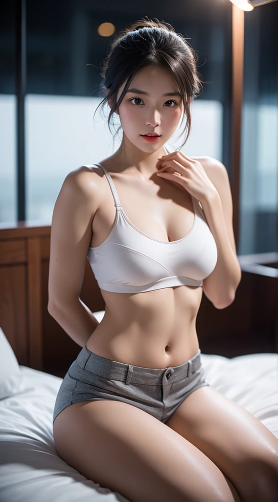 Top Quality, Masterpiece, High Definition, 8K, (Real: 1.4), Ultra High Definition, 1 Girl, Ultra Detail, Surreal, High Definition CG Illustration, Official Art, Cinematic Light, Reality, Young Beautiful Girl, Perfect Figure, Perfect Figure, Full View, Perfect Body, (from 1.3), Pose, ???? Long Legs, Confident, Beautiful ????, Gray short sleeves with wide open ?????, open abdomen, white super shorts, S-shaped body, upturned ????, various perspectives