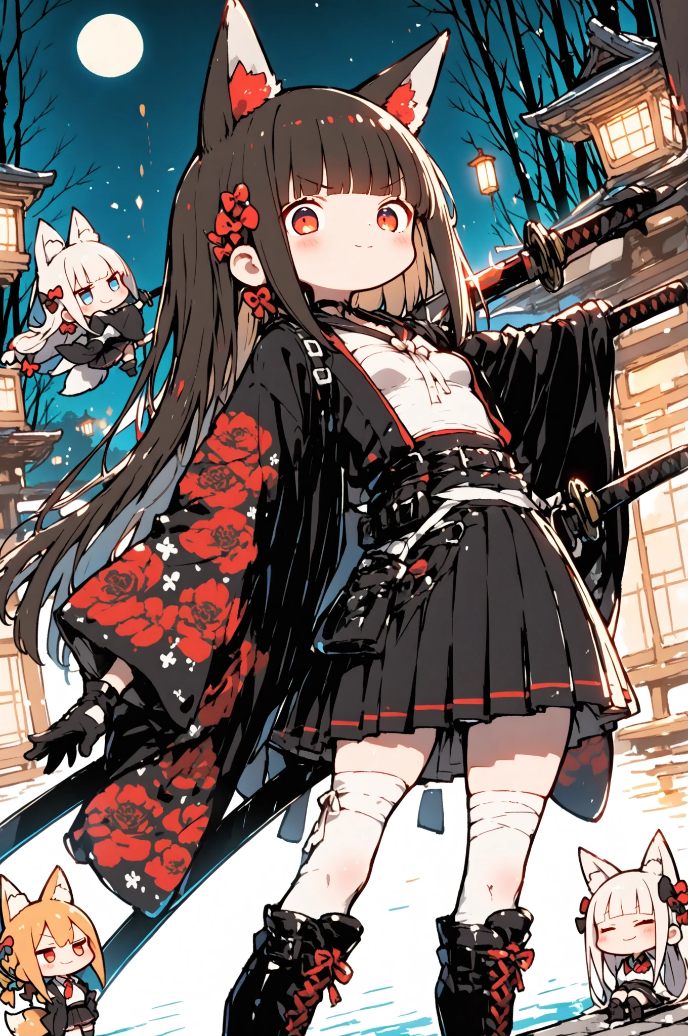 (Sitting on the roof of a building and looking down), A beautiful, slender, tall girl with a very pretty face, strong, determined red eyes, long, straight, lustrous hair, blunt bangs, a princess cut, fox ears the same color as her hair, smooth, fair skin, small, natural , a tight waist, shapely legs, and a perfect , White bandages wrapped around her , black blazer with a red flower design, black pleated skirt, white stockings with a red flower design, black combat gloves, black lace-up long boots, school uniform, and a Japanese sword, (Late night, large full moon, school building rooftop), looking at viewer, Cowboy shot close up, (perfect pose), (cinematic), (masterpiece: 1.3), 8K, highest resolution, highest quality, highest level, highest image quality, intricate details, exquisite details, Chibi,