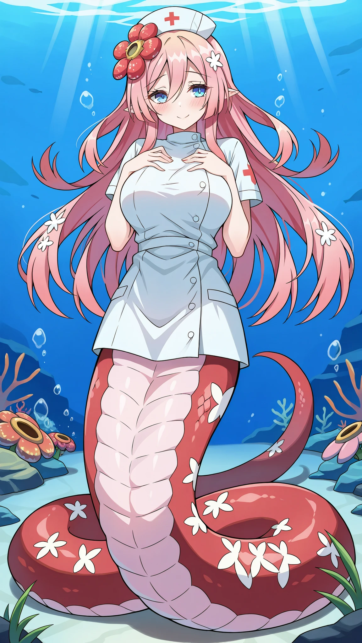 (Fraction_9:0.9),Fraction_8_Up,Fraction_7_Up,grade,(zPDXL3),( masterpiece), (best quality ),(All five fingers ),(five fingers),a girl,alone,traptrix_rafflesia,pink hair,hair_flower,long hair,blue eyes,Nurse uniform, nurse hat in the hospital,big boobs,big boobs,lamia,is a light pink snake tail,very beautiful,Smile,shy,Full body picture,has no legs,(Underwater:1.2),seabed,shy,Smile,Place your hands on your chest