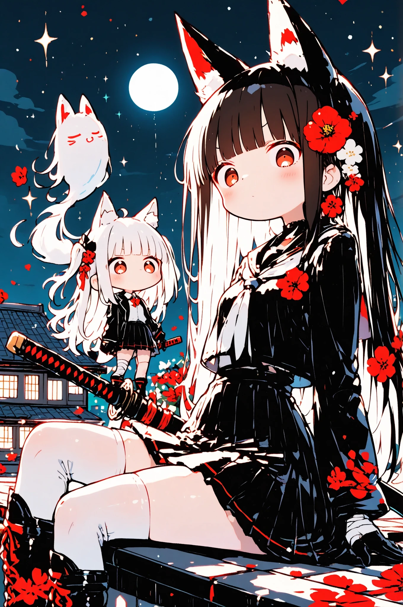 (Sitting on the roof of a building and looking down), A beautiful, slender, tall girl with a very pretty face, strong, determined red eyes, long, straight, lustrous hair, blunt bangs, a princess cut, fox ears the same color as her hair, smooth, fair skin, small, natural , a tight waist, shapely legs, and a perfect , White bandages wrapped around her , black blazer with a red flower design, black pleated skirt, white stockings with a red flower design, black combat gloves, black lace-up long boots, school uniform, and a Japanese sword, (Late night, large full moon, school building rooftop), looking at viewer, Cowboy shot close up, (perfect pose), (cinematic), (masterpiece: 1.3), 8K, highest resolution, highest quality, highest level, highest image quality, intricate details, exquisite details, Chibi,