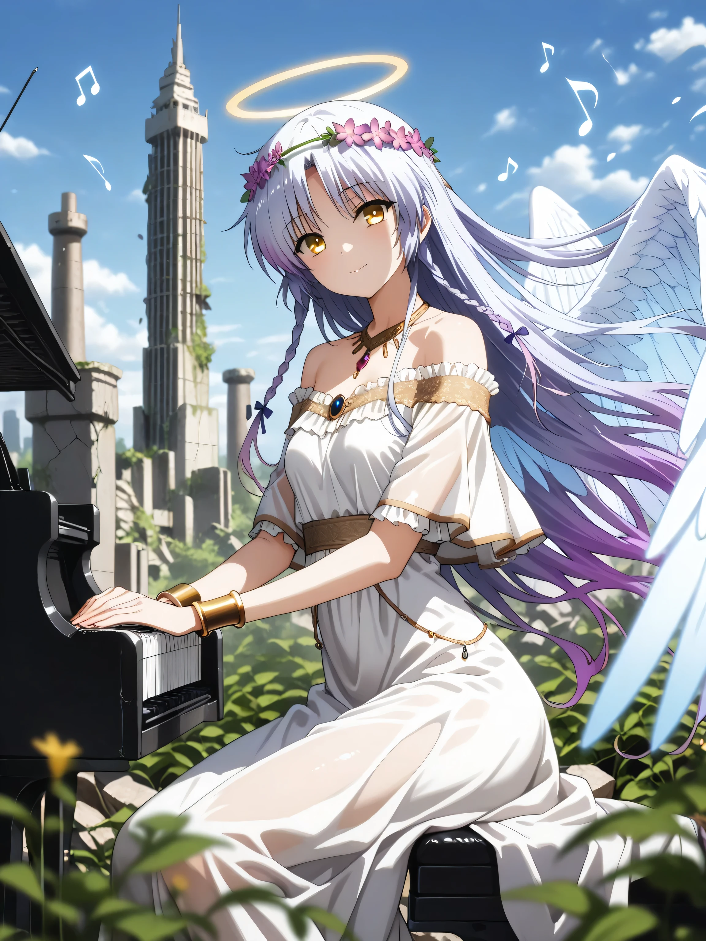 ((言語: 日本語、英語)、(Masterpiece), (Highest Quality), (High Score), (High Resolution),(4k),Uncensored,),
(masterpiece, best quality, very aesthetic),
(音楽演奏、古代のヨーロッパ、(春)、(日中)、(快晴)、(屋外)、1girl,solo,),(blue sky,Clear skies),
（正常な色）、（正常な彩色）、（丁寧な画像生成を行う）、
(,(FRESHIDEAS  Castle in the sky),,,(Vast skies, ancient castles floating in the sky, ruins covered in mossy plants, towering towers, a girl atop a tower, stone towers,one black piano),,,,BREAK,(One piano, a black piano, she plays the piano),(Her body faces the piano, both hands resting on the keys),(Anatomically accurate structure),),

((wind,,BREAK,(an extremely cute and beautiful girl), (Hair flowing in the wind), (hairdetailer:1.5),(finely detailed beautiful face:1.4),(detailed eyes:1.4),[(three-layer composition, blurred foreground, blurred background, sharp character in focus),:1.4)][(Sidelight:1.3)],[(healthy skin:1.4)],))

((mature woman,(tachibana kanade),kanade tachibana, long hair, white hair, yellow eyes, two braids, large angel wings, ancient Roman-style costume, white dress, off-the-shoulder, gold bracelets, stylish necklace, bare feet, very long skirt, slit skirt, flower headband.halo [(gradient hair from grey to purple:1.4)0.6],(Translucent Angel Wings),(gold embroidery, lace, frills),(small breasts),(short stature),(Short torso),),((happy),close eyes,(closed mouth),(musical note),(makeup:1.1),),BREAK,sitting on the stone,(head tilt:1.2),(twisted torso:1.1),[looking away:],[cowboy shot:],[from above and to the side:1.5],[overhead shot:1.5],[dutch angle],),

(),
（ハイスコア）、（最上級の画像生成）、
(The correct number of fingers, five fingers),
(large angel wings),
(Translucent Angel Wings),
（ピアノを弾く）、(closed eyes),
（正確なピアノの構造）、（正確なピアノの構造）、
