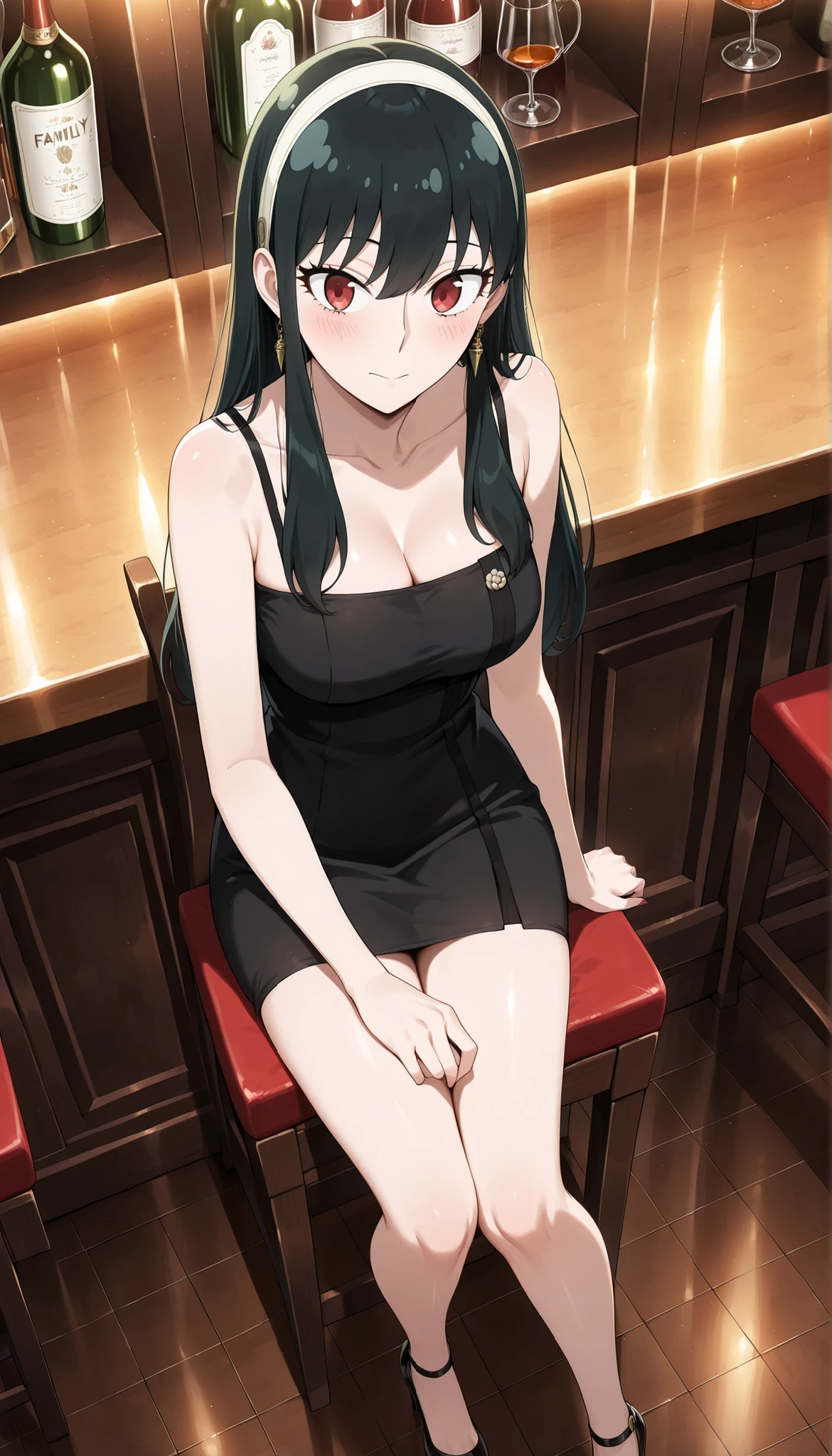 (((Yor Briar(SPY×FAMILY) ))),((cute)),((long  hair)),black tight camisole dress,cleavage,Bare legs,high heels,(((Medium Breasts))),dark haired,bar,Sit on a chair,(high angle),Ulchan - 6500-v1.1, (RAW pictures:1.2), BEAUTIFUL DETAILS, very detailedな目 美しい目,beautiful eyes,red eyes,Large File Size, high resolution, very detailed, top quality, [masterpiece:1.6], Awareness-raising, very detailed, CG, fine, top quality, 8K Wallpaper, perfect body,very detailed