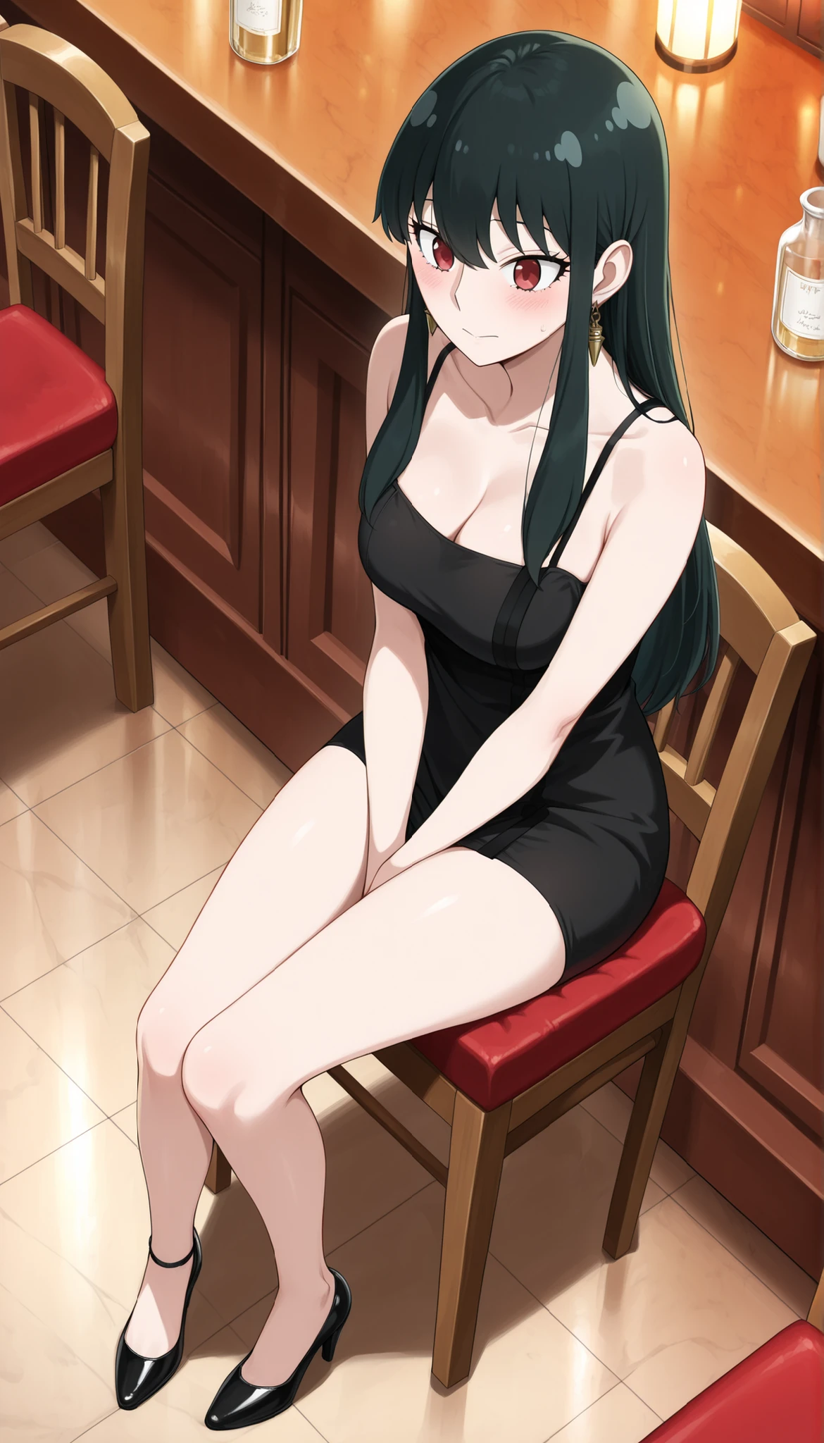 (((Yor Briar(SPY×FAMILY) ))),((cute)),((long  hair)),black tight camisole dress,cleavage,Bare legs,high heels,(((Medium Breasts))),dark haired,bar,Sit on a chair,(high angle),Ulchan - 6500-v1.1, (RAW pictures:1.2), BEAUTIFUL DETAILS, very detailedな目 美しい目,beautiful eyes,red eyes,Large File Size, high resolution, very detailed, top quality, [masterpiece:1.6], Awareness-raising, very detailed, CG, fine, top quality, 8K Wallpaper, perfect body,very detailed