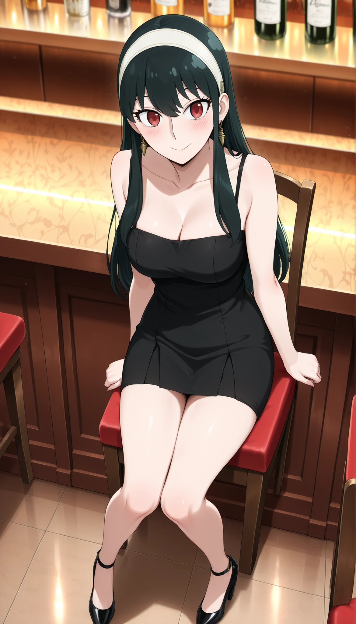 (((Yor Briar(SPY×FAMILY) ))),((cute)),((long  hair)),black tight camisole dress,cleavage,Bare legs,high heels,(((Medium Breasts))),dark haired,bar,Sit on a chair,(high angle),Ulchan - 6500-v1.1, (RAW pictures:1.2), BEAUTIFUL DETAILS, very detailedな目 美しい目,beautiful eyes,red eyes,Large File Size, high resolution, very detailed, top quality, [masterpiece:1.6], Awareness-raising, very detailed, CG, fine, top quality, 8K Wallpaper, perfect body,very detailed