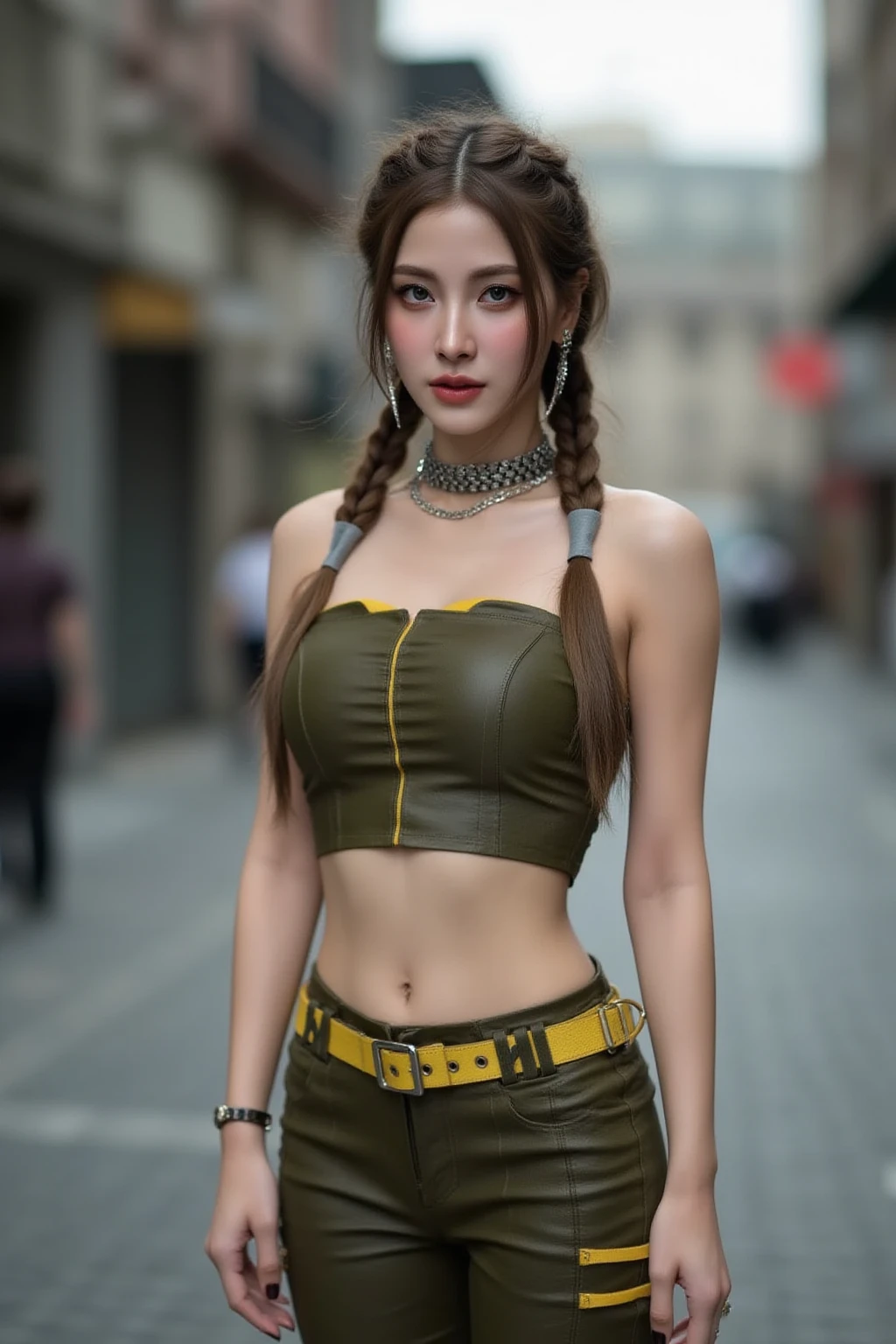 beautiful korean female, 34 inch breasts size, high ponytail , slightly smile, wearing Lara Croft , in the city with crowded, UHD