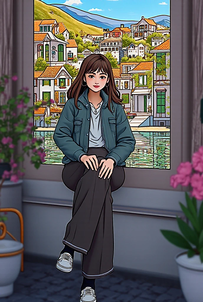 anime , The watercolor, anime style, you asked for it, with the Brazilian woman as the focal point of the scene. She sits with her back to us on a concrete porch, her arms resting on her knees and her straight black hair falling around her shoulders. She wears a light blue blouse with thin straps and a floral skirt, her lips are a striking red and she wears black flip-flops. A brown plaid bag sits on the balcony, and the background has a beige wall with a window and potted plants by Daniela Uhlig