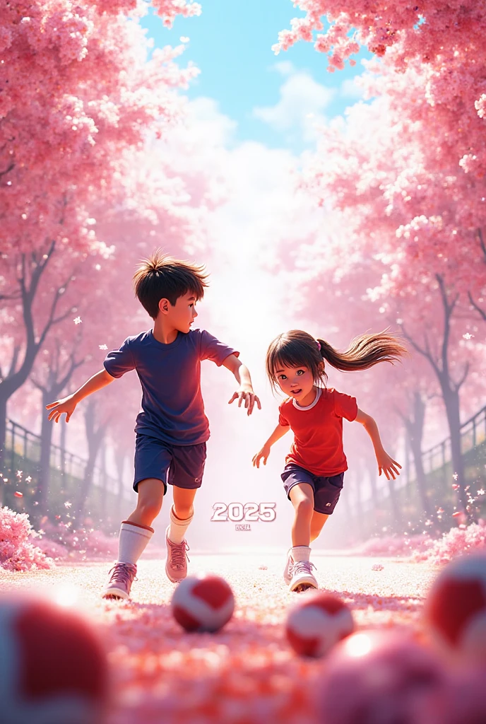 ((Best Quality)), ((Masterpiece)), 1 Girl 1 Boy Running, Happy, Boy Has 2 Feet, Big Eyes, Looking Ahead, Spring Swim, Grass in the background, Falling Flowers, Perfect Face, Intricate Details, Clear Focus, Ultra Low Vision, Wide Angle Lens, V6