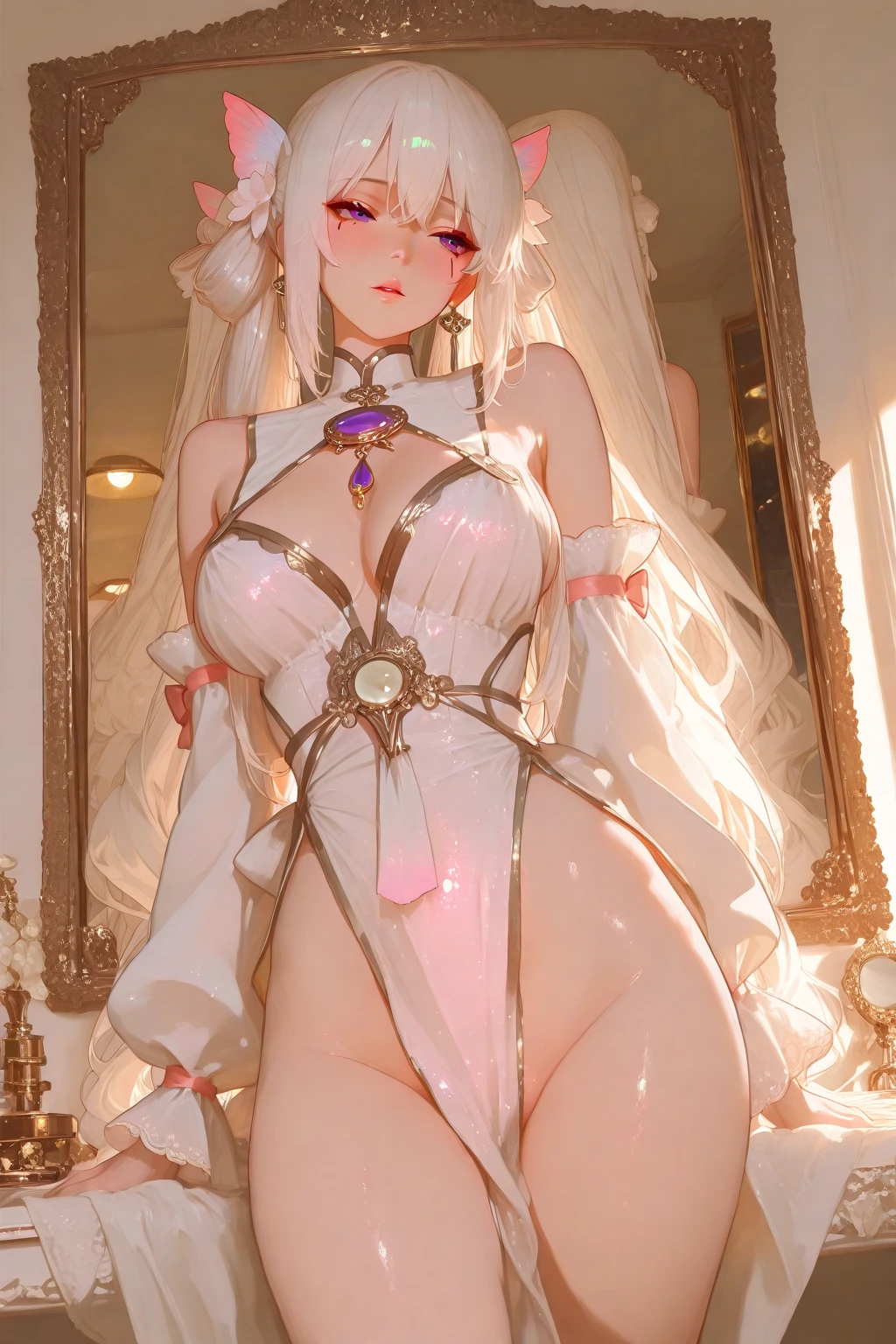 1girl,terroral,naked bandage, bandage,large , 
detached sleeves, sleeves past fingers,white sleeves, full body, 
 <lora:TerrorHalloweenV1:1>,standing,indoors,bedroom,cross