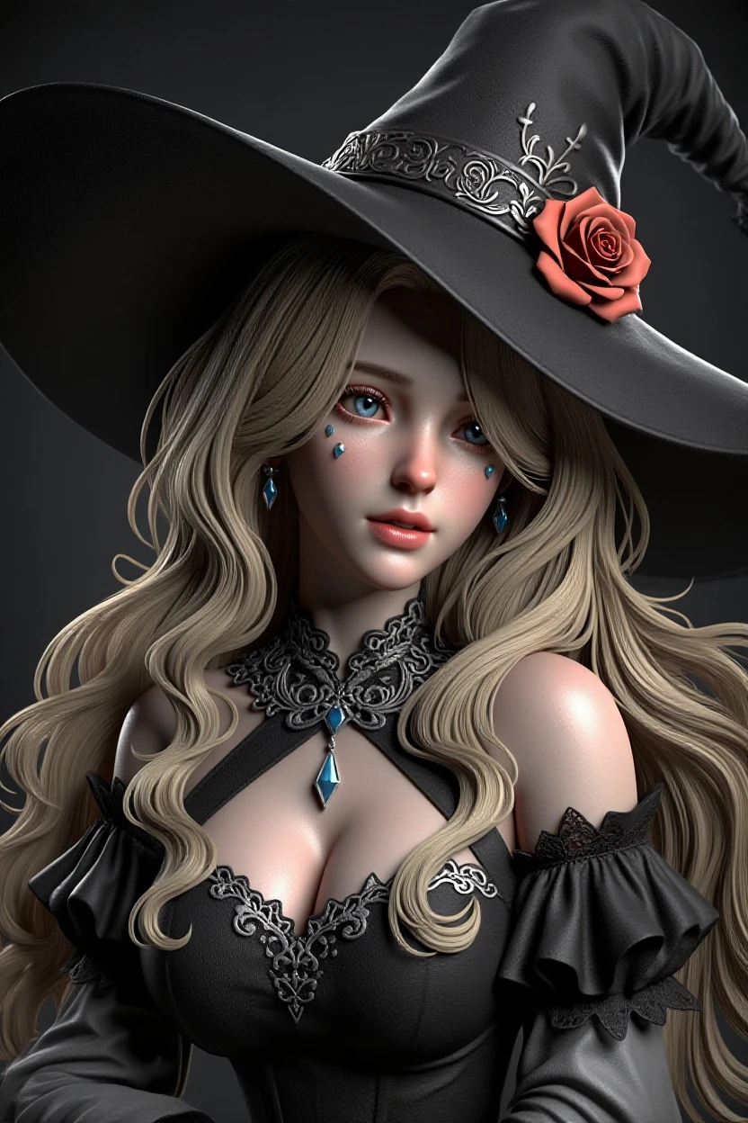 <(realistic:1.4), (extremely intricate:1.2)>, 1girl, solo, one eye closed, hat flower, star (symbol), long hair, smile, witch hat, frills, red flower, white bow, long sleeves, blonde hair, single braid, red rose, looking at viewer, black headwear, center frills, bowtie, bangs, closed mouth, hands up, BREAK, <(exquisitely detailed skin:1.3), cinematic light, rim lighting, ultra high res, best shadow, delicate>
