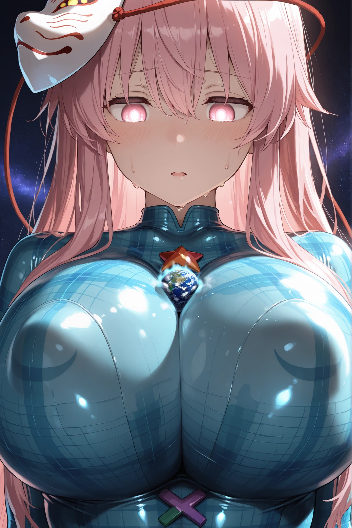 (masterpiece, Highest quality, Ultra-high resolution), 1girl, Hata no Kokoro, fox mask, Pink hair, long hair, pink eyes, (blue latex bodysuit), Glossiness, shiny, whole body slimy, (Sweat), Stuffy, (steamy), Glossiness, shiny, Wide-open eyes, plaid bodysuit, huge breasts, Glossiness, (close up), cool backlight, puffy nipples,
tiny planet, space giantess , earth between breasts deep space background , Chest Valley, looking down, self breasts rubbing,