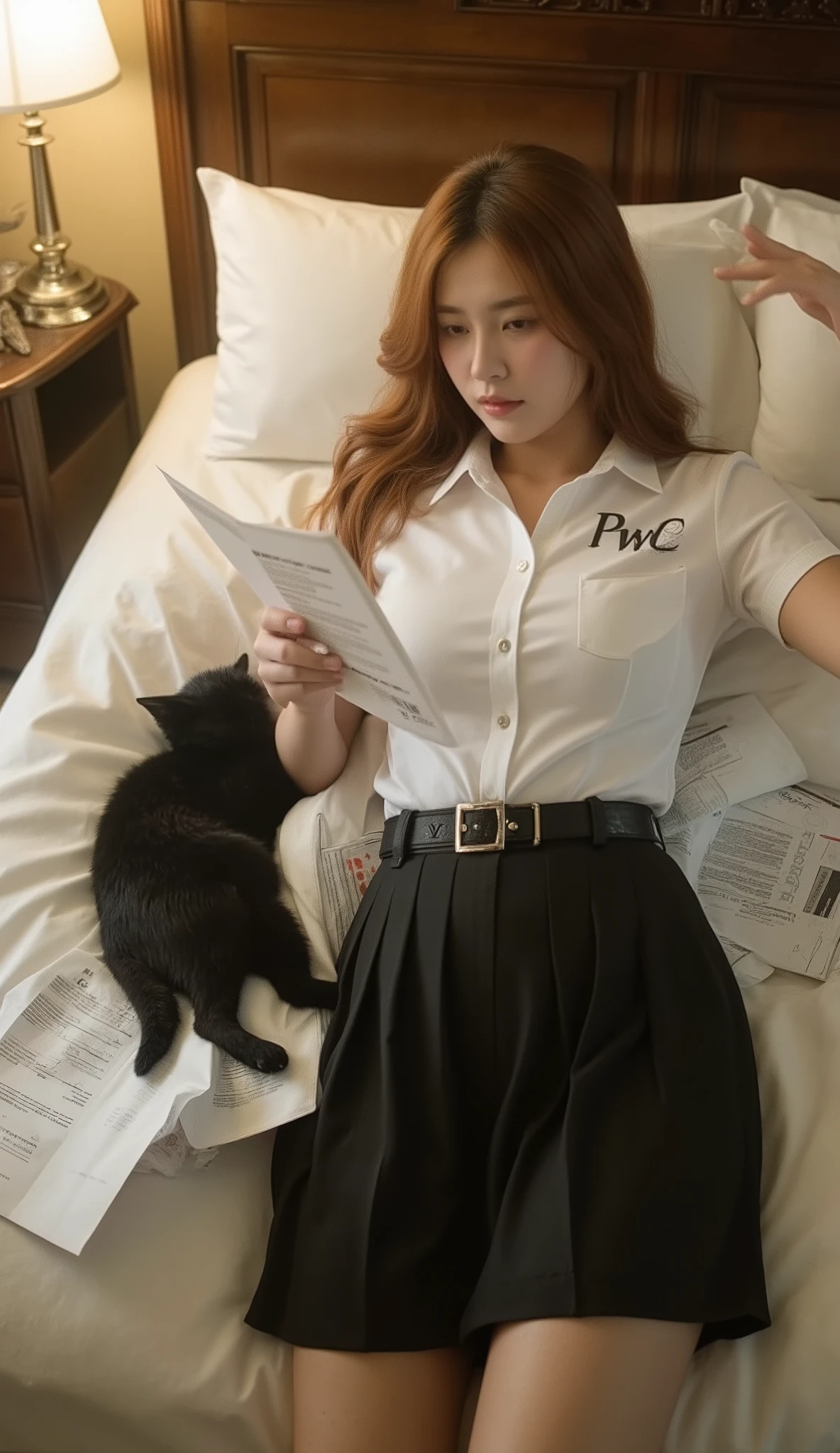 A top-view image shows a young Korean-Thai woman lying down and reading documents on a bed in a luxurious bedroom.
She has a long fluffy haircut, showing off her narrow forehead. She has a voluptuous figure. She is chubby-sexy. She has a cherry-red hair colour. She wears a Thai Mahalai uniform: a light-white short-sleeved collared shirt with silver buttons, with a big 'PwC' logo on the chest, a black LV leather belt, and a knee-level black pleated skirt that highlights her curvy figure and ample bust. She is completely lying down, legs straight, feet not separated, and reading documents in her two hands, arms raised, on the bed. The documents are scattered untidily across the surface of the bed. A big black cat is sleeping on the documents.
The bed is made of wood, with a French Louis style. There is a luxurious lamp placed beside the corner of the bed. The ambience is dimly lit. The light is warm yellow-white. High-quality professional photography, 8K quality.