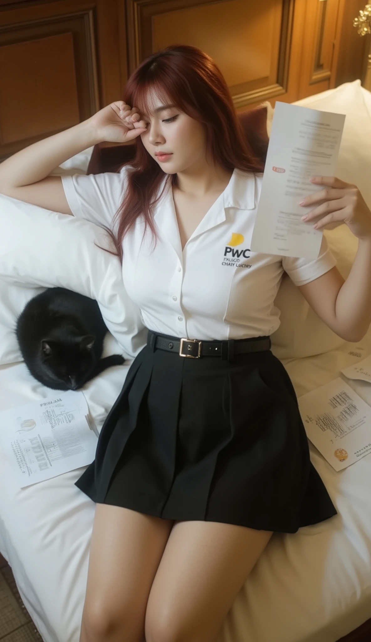 A top-view image shows a young Korean-Thai woman lying down and reading documents on a bed in a luxurious bedroom.
She has a long fluffy haircut, showing off her narrow forehead. She has a voluptuous figure. She is chubby-sexy. She has a cherry-red hair colour. She wears a Thai Mahalai uniform: a light-white short-sleeved collared shirt with silver buttons, with a big 'PwC' logo on the chest, a black LV leather belt, and a knee-level black pleated skirt that highlights her curvy figure and ample bust. She is completely lying down, legs straight, feet not separated, and reading documents in her two hands, arms raised, on the bed. The documents are scattered untidily across the surface of the bed. A big black cat is sleeping on the documents.
The bed is made of wood, with a French Louis style. There is a luxurious lamp placed beside the corner of the bed. The ambience is dimly lit. The light is warm yellow-white. High-quality professional photography, 8K quality.