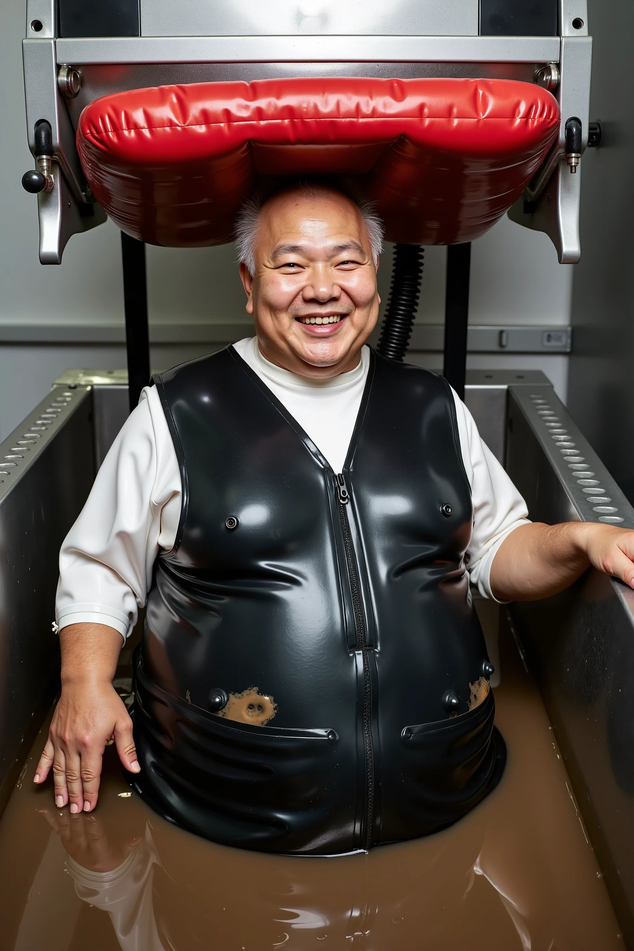 wet clothes,a 74 year old fat elderly asian FictionalChoi that is bloated in the arms legs and belly to epic proportions of obesity, his face is wrinkled and dried, he smiles as he is submerged inside a stainless steel vat of mud chest deep, he is wearing shining black rubber overalls with a shining white rubber shirt, a hydraulic press with a thick red mattress pad looms over the vat about to press the man down into chunky thick brown mud