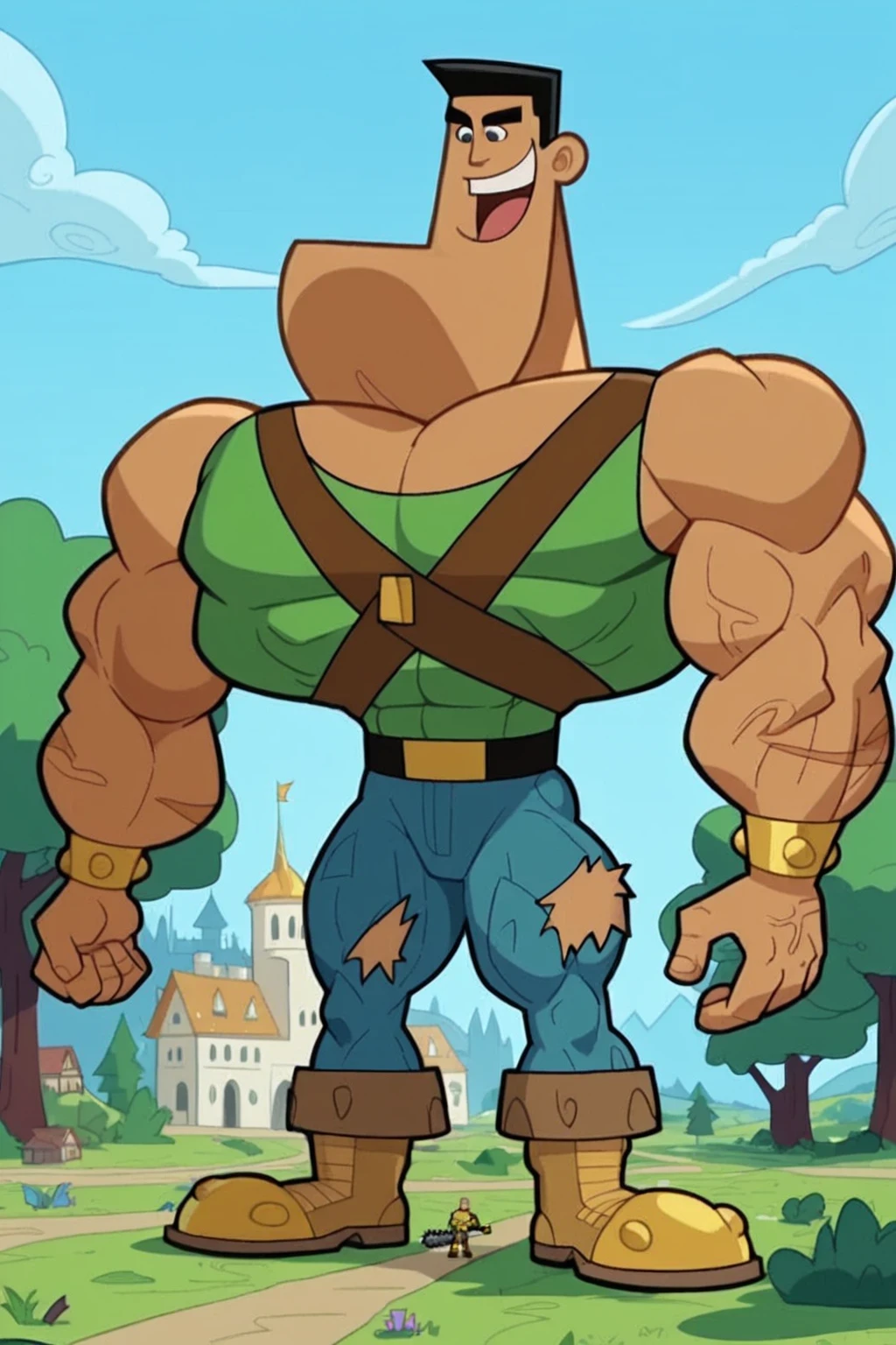 A giant muscular man, humanoid creature, bald man, gigantic chin, veins, tattoos, scars, golden armor, golden chest, golden bracelets with colorful jewels, golden necklaces with colorful jewels, golden and silver belt, golden and brown boots, ginormous biceps, enormous pectorals, detailed abs, holding a spiked bat, full body, giant size, macro size, 50-foot size, 100 feet tall, village background, castle background, mountains behind, saturaded colors, fairytale fantasy, blue sky background, a green giant beanstalk behind, focus far away.