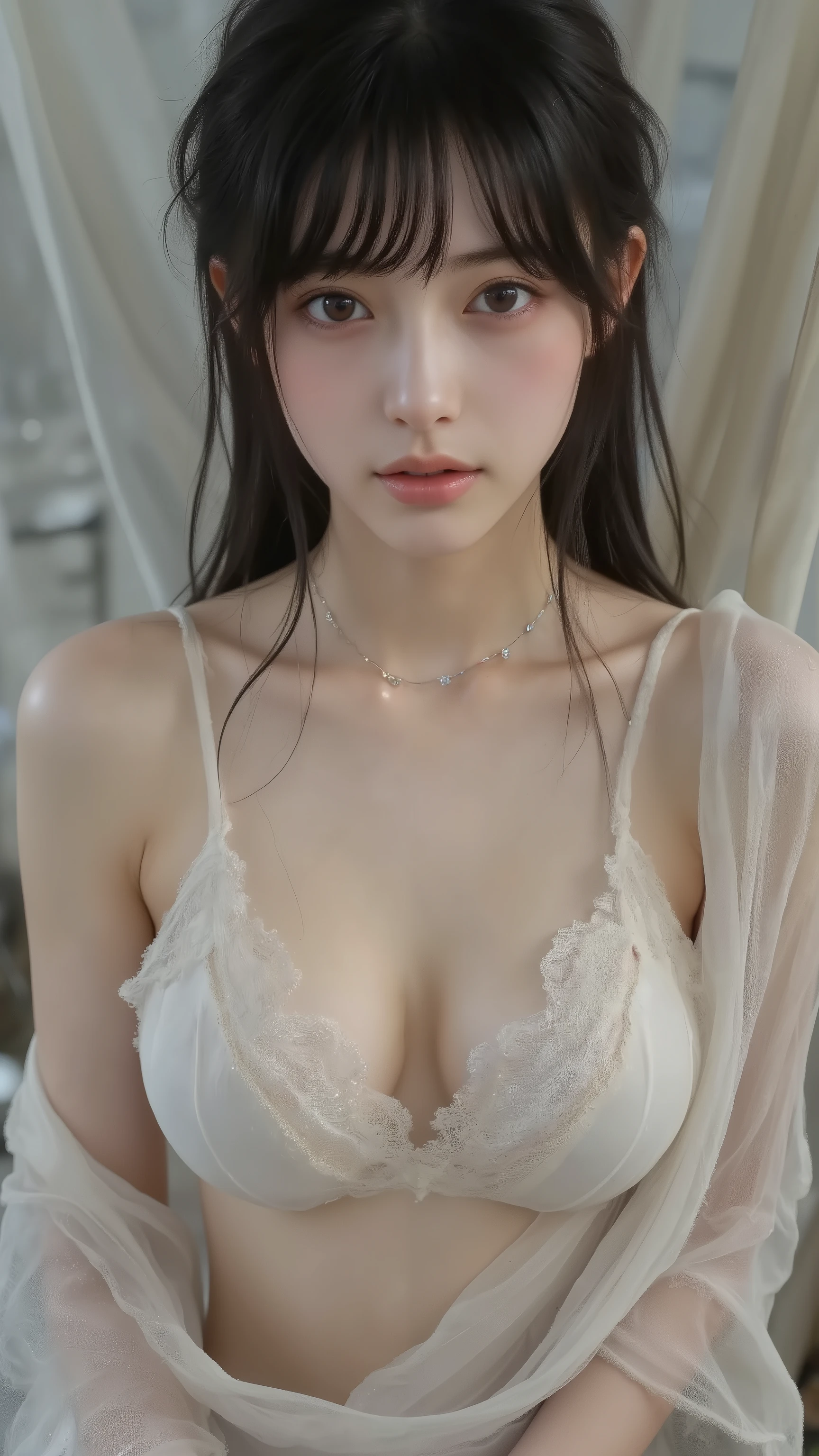 ((Nishikigi Senju from Licorice:1.7)) , A dark-haired young long-haired woman is wrapped in a thin transparent cloth、kind, artistic, and a beautiful woman like in a portrait、she looks completely naked、She's completely naked and wearing a thin cloth、The woman's expression is gentle and introspective, The background is soft  , dreamy blur fabric, enhances the dreamy texture in this image, Warm lighting on both sides of the frame,  H6D-400C , calm atmosphere