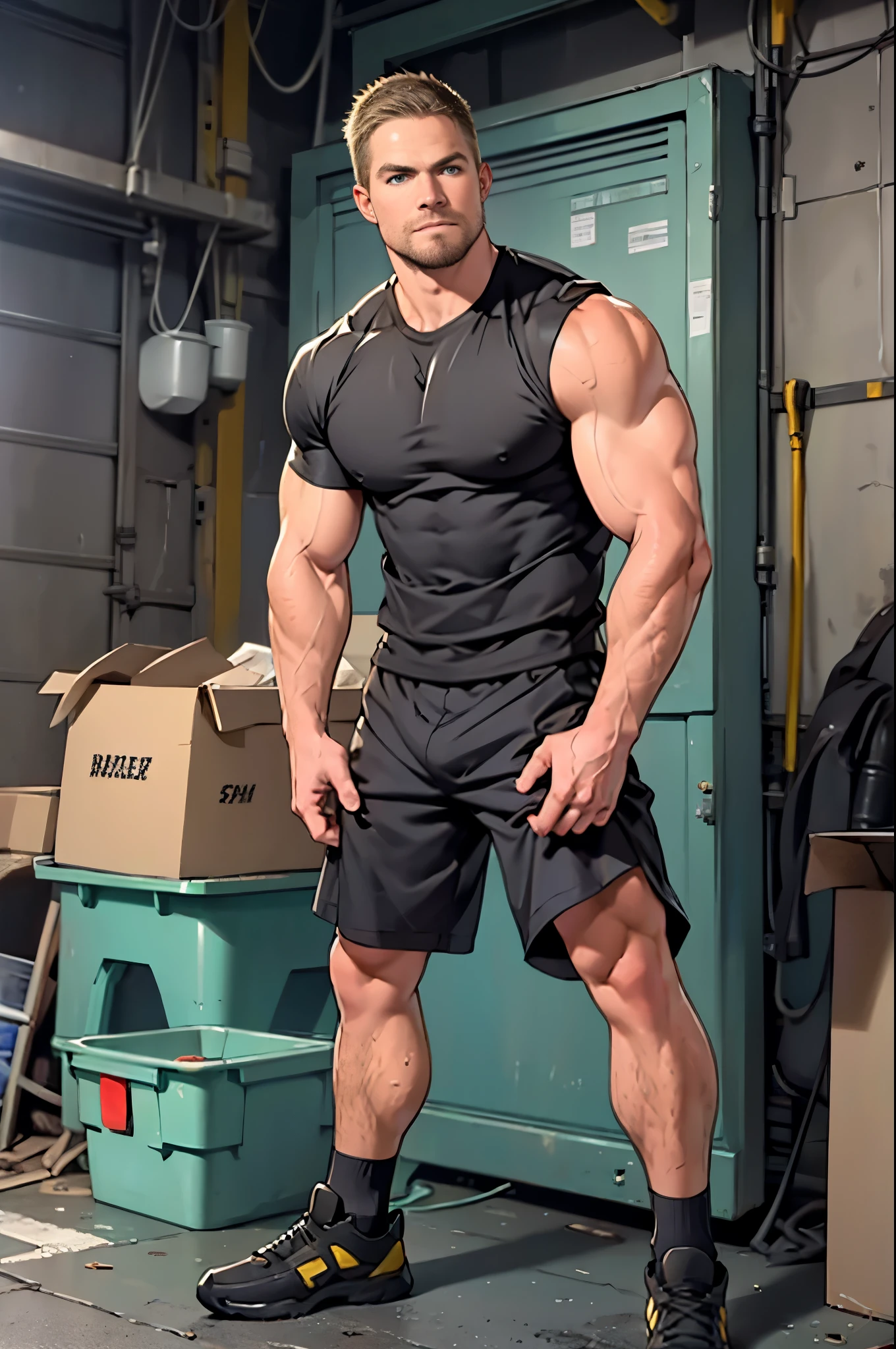 masterpiece, best quality face, perfect anatomy , respectful attitude , confident expression, natural eyes,mature man, muscled and mature, stephen amell as a mechanic , sweating,, full body view