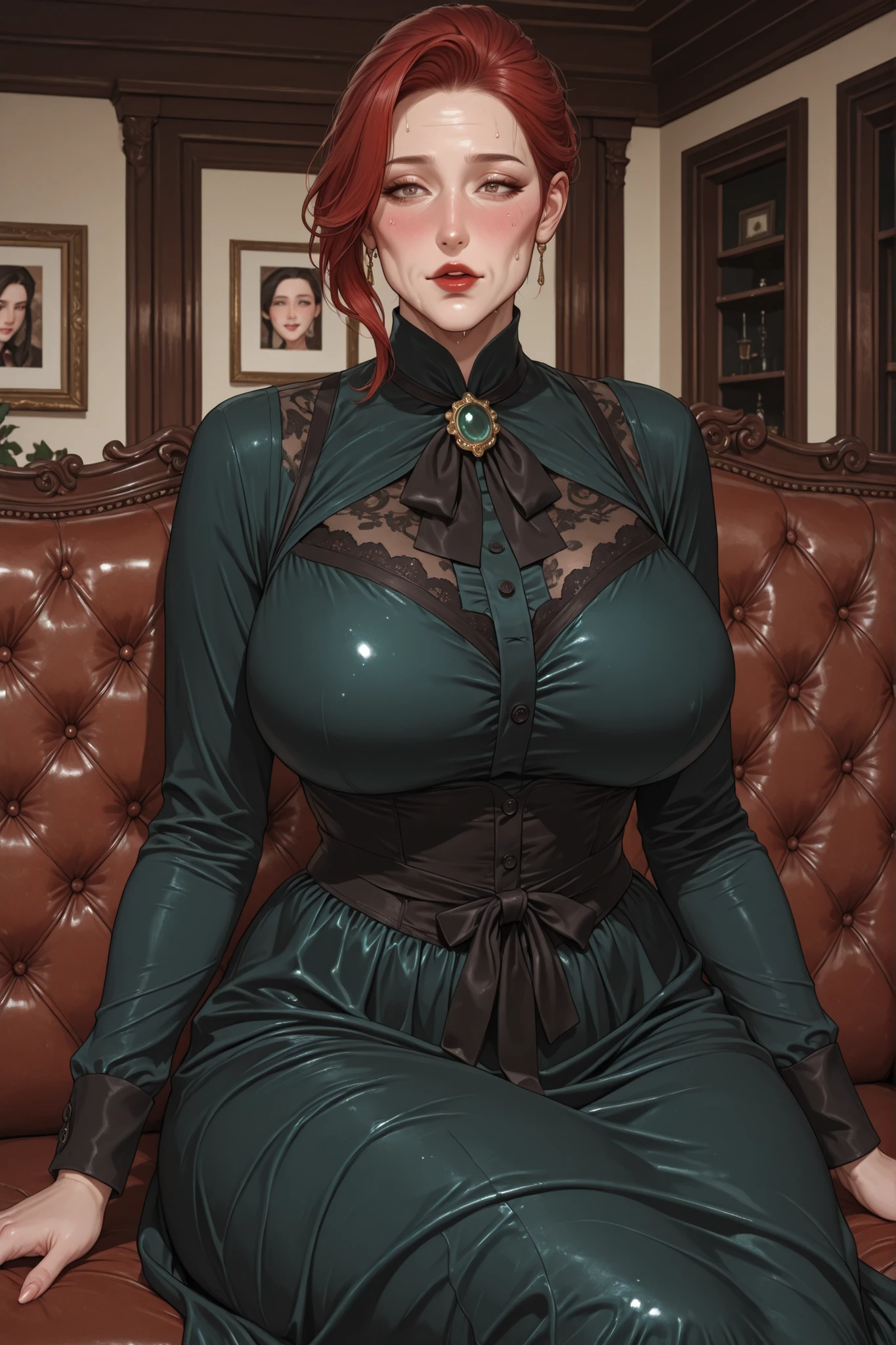 score_9, score_8_up, score_7_up, score_6_up, score_5_up, score_4_up, Label 1, Label2, quality_masterpiece, Anatomically correct, beautiful face, perfect face, Beautiful and highly detailed face, sexy Attractive face , Detailed Face, delicate Facial Features, detailed ,Very detailed & Beautiful and dazzling eyes, huge breasts, wide hips, big butt, thick thighs, mature female, ( colors CMYK ), (ultrahd, 8K), (intricate details), (Absurds), (Very detailed), red hair, ,grandma, grandmother, mature woman over 60 , Ample curves , Wrinkled Face , short hair , victorian dress, victorian era, serious, jewelry, woman over 60 years old, red lips, gold jewelry, only one woman, focus on woman, Refined day dress, deep plum or forest green fabric, high collar with small lace trim, fitted bodice with subtle pleating, long sleeves with buttoned cuffs, modest neckline, ankle-length skirt with layered hem, satin sash at waist, small cameo brooch at throat, hair neatly arranged in a low chignon, simple yet dignified, mature and graceful, understated elegance, mansion, living room, blushing, excited, sweat, sofa, sitting, from the front,