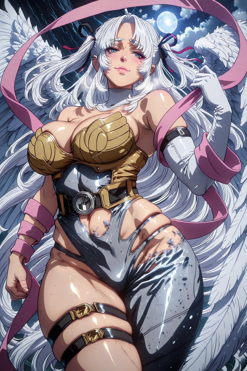 L_Cation2, Babu-style, Hgk, (yoshio_(55level)-style:1.4), (gebijiade_89-style:1.2), (aelion_draws-style:1.2), (imizu_(nitro_unknown)-style:1.3), (anime coloring, anime screencap), shiny skin, (voluptuous body:1.4), (mature female:1.4), (cellulite:1.3), ((vignetting)), ((anatomical correct)), ((Cinematic, high quality, detailed, eye-catching, UHD, masterpiece)), perfect body, perfect eyes, perfect fingers, gasping, heavy breathing, gasping profusely, ((skindentation)), ((curvy)), white hair, absurdly long hair, sidelocks, two side up, hair ribbon, multicolored eyes, square pupils, plump, 1girl, breasts, solo, wings, angel_wings, gloves, navel, asymmetrical_clothes, multiple_wings, belt, thigh_strap, elbow_gloves, bare_shoulders, feathered_wings, smug, white_gloves, lips, skindentation, cleavage, ribbon, single_glove, thighs, angel, cowboy_shot, makeup, looking down, ((disintegration clothes)), angewomon_\(cosplay\)