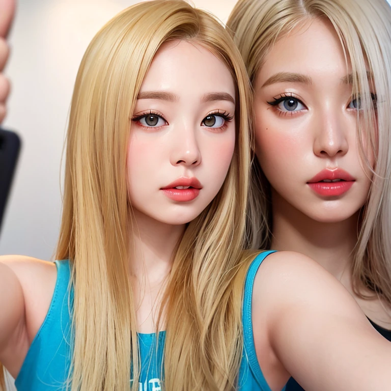 best resolution, 2heads, half-body shot, conjoined, dicephalus, two japanese women with two heads , blonde hair, hair bun, long hair, different faces,hands on head, mouth open,, shocked, tanktop, indoor background