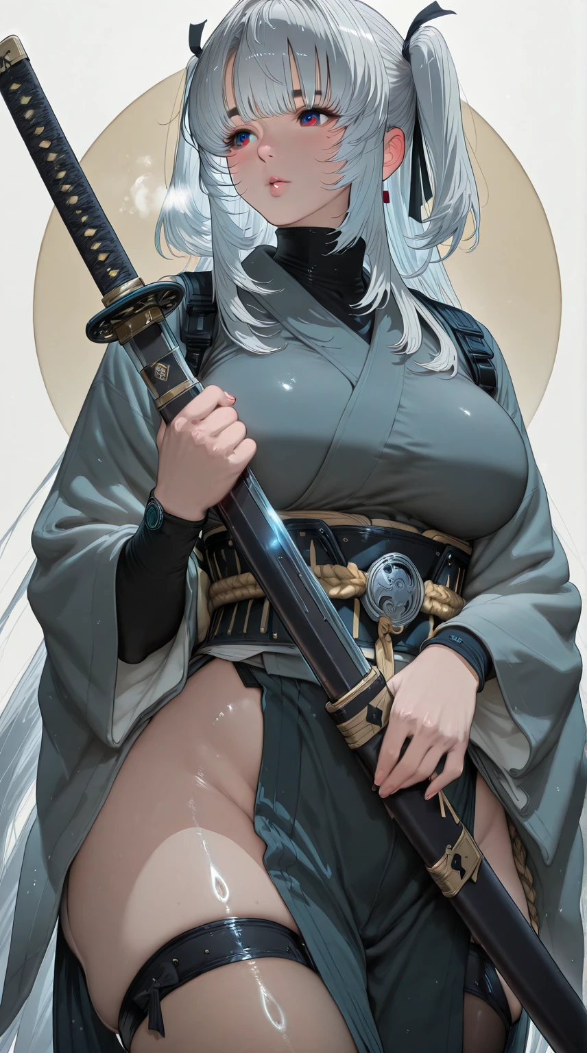 L_Cation2, Babu-style, Hgk, (yoshio_(55level)-style:1.4), (gebijiade_89-style:1.2), (aelion_draws-style:1.2), (imizu_(nitro_unknown)-style:1.3), (anime coloring, anime screencap), shiny skin, (voluptuous body:1.4), (mature female:1.4), (cellulite:1.3), ((vignetting)), ((anatomical correct)), ((Cinematic, high quality, detailed, eye-catching, UHD, masterpiece)), perfect body, perfect eyes, perfect fingers, gasping, heavy breathing, gasping profusely, ((skindentation)), ((curvy)), white hair, absurdly long hair, sidelocks, two side up, hair ribbon, multicolored eyes, square pupils, plump, 1girl, weapon, sword, alone, Japanese_clothes, katana, kimono, sheath, tattoo, holding_weapon, sheathed, Jewelry, holding_sword, holding, sash, 