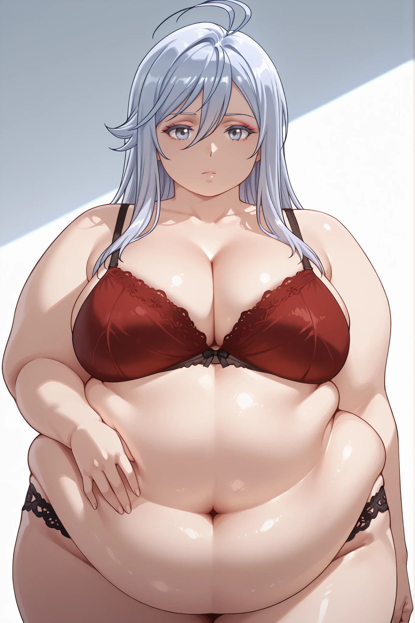 vladilenamilize, very long hair, grey eyes, hair between eyes, bangs, grey hair, ahoge, white eyelashes, large breasts, -fatanime,obese,bbw,High quality, masterpiece, professional photography, SSBBW woman, generous curvy body, soft and natural skin, vibrant red bra with delicate black lace, confident pose, serene expression, pure white background, soft studio lighting, plus size fashion photography, subtle shadows, realistic skin texture, well-groomed hair, elegant makeup, visible bra stitching details