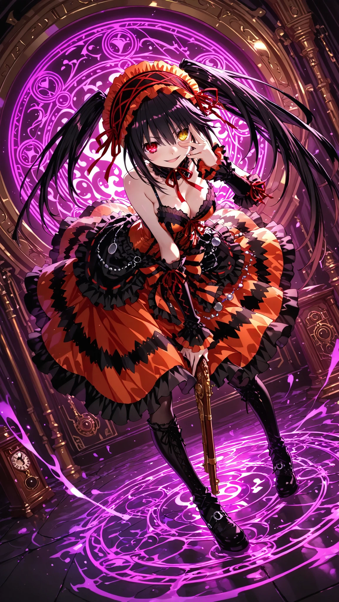 1 girl , solo , Toki Saki Kurumi_date a live , girl starts her magic. Behind her, Magic Circle appears , A golden magic circle background modeled after an antique Western clock , Interrupt ,
With a musket , giggle , heterochromatic eyes,Red Eye,yellow eyes , has crazy eyes , Looking down at the viewer , peeking through fingers , in the cave , bend over , watson cross , sexy pose ,
Interrupt ,
( Ambient masking :0.9 ) , masterpiece after sex , best quality , super detailed , high res , Extremely Detailed CG , unity 8k 壁纸 , super detailed skin , perfect anatomy , Detailed beautiful face , exquisite beautiful eyes , high res , chiaroscuro , highly detailed background , Well-designed Outfit , dramatic lighting , low angle , Full Body , playfulness point of view , lightweight particle , ARW , ultra-fine conceptual art ,