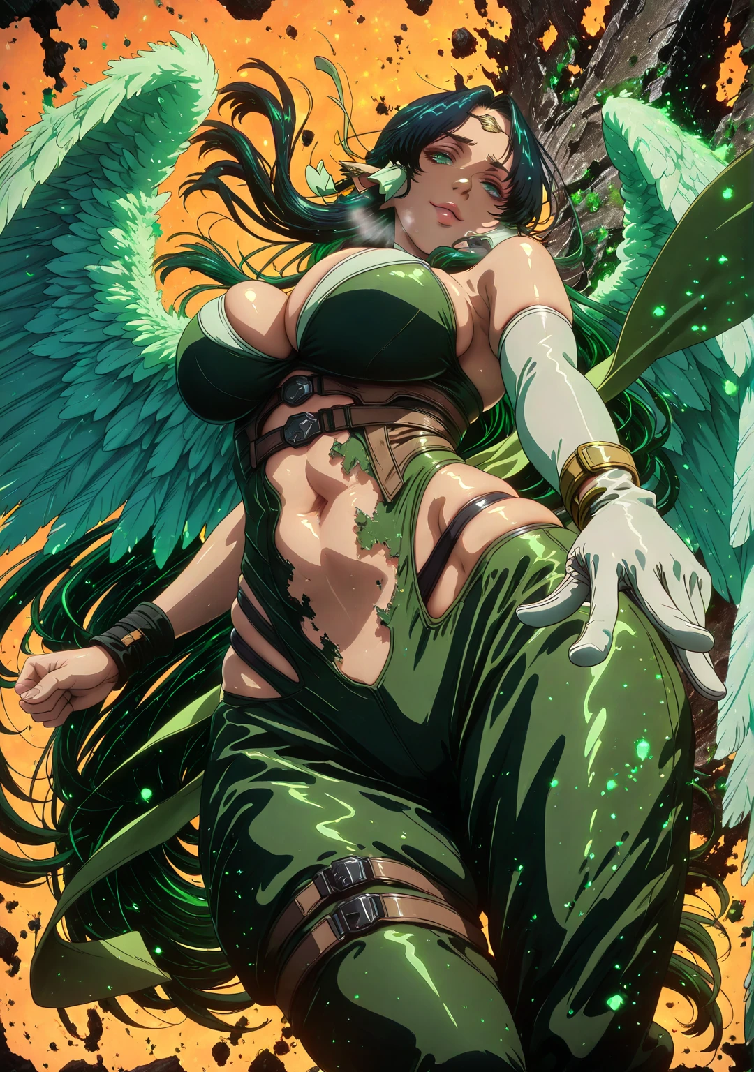 L_Cation2, Babu-style, Hgk, (yoshio_(55level)-style:1.4), (iwao178-style:1.2), (aelion_draws-style:1.2), (imizu_(nitro_unknown)-style:1.3), (anime coloring, anime screencap), shiny skin, (voluptuous body:1.4), (mature female:1.4), (cellulite:1.3), ((vignetting)), ((anatomical correct)), ((Cinematic, high quality, detailed, eye-catching, UHD, masterpiece)), perfect body, perfect eyes, perfect fingers, gasping, heavy breathing, gasping profusely, ((skindentation)), ((curvy)), sakuya, long hair, black hair, very long hair, green eyes, green hair, pointy ears, hair tubes, elf, ear covers, dark green hair, plump, 1girl, breasts, solo, wings, angel_wings, gloves, navel, asymmetrical_clothes, multiple_wings, belt, thigh_strap, elbow_gloves, bare_shoulders, feathered_wings, smug, white_gloves, lips, skindentation, cleavage, ribbon, single_glove, thighs, angel, cowboy_shot, makeup, looking down, ((disintegration clothes)), angewomon_\(cosplay\), from below, full body