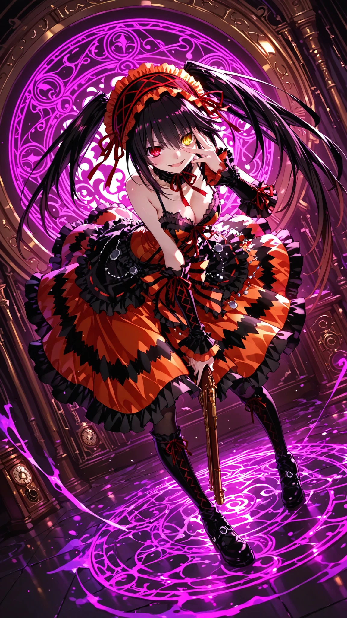 1 girl , solo , Toki Saki Kurumi_date a live , girl starts her magic. Behind her, Magic Circle appears , A golden magic circle background modeled after an antique Western clock , Interrupt ,
With a musket , giggle , heterochromatic eyes,Red Eye,yellow eyes , has crazy eyes , Looking down at the viewer , peeking through fingers , in the cave , bend over , watson cross , sexy pose ,
Interrupt ,
( Ambient masking :0.9 ) , masterpiece after sex , best quality , super detailed , high res , Extremely Detailed CG , unity 8k 壁纸 , super detailed skin , perfect anatomy , Detailed beautiful face , exquisite beautiful eyes , high res , chiaroscuro , highly detailed background , Well-designed Outfit , dramatic lighting , low angle , Full Body , playfulness point of view , lightweight particle , ARW , ultra-fine conceptual art ,