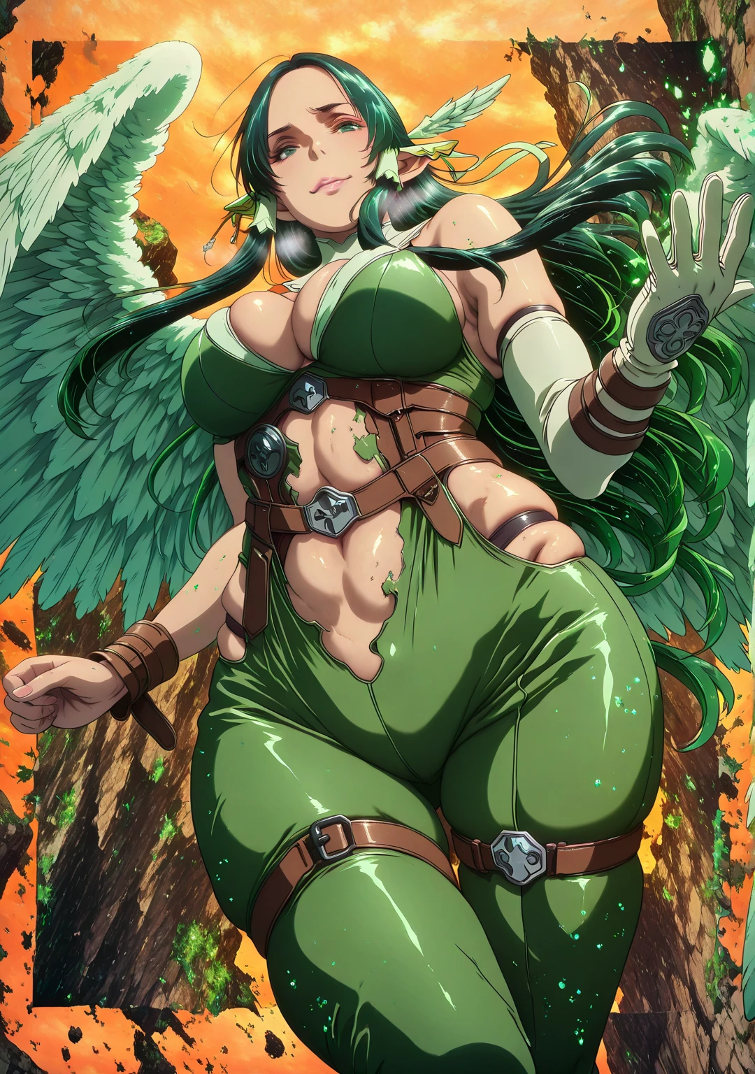 L_Cation2, Babu-style, Hgk, (yoshio_(55level)-style:1.4), (iwao178-style:1.2), (butcha-u-style:1.2), (imizu_(nitro_unknown)-style:1.3), (anime coloring, anime screencap), shiny skin, (voluptuous body:1.4), (mature female:1.4), (cellulite:1.3), ((vignetting)), ((anatomical correct)), ((Cinematic, high quality, detailed, eye-catching, UHD, masterpiece)), perfect body, perfect eyes, perfect fingers, gasping, heavy breathing, gasping profusely, ((skindentation)), ((curvy)), sakuya, long hair, black hair, very long hair, green eyes, green hair, pointy ears, hair tubes, elf, ear covers, dark green hair, plump, 1girl, breasts, solo, wings, angel_wings, gloves, navel, asymmetrical_clothes, multiple_wings, belt, thigh_strap, elbow_gloves, bare_shoulders, feathered_wings, smug, white_gloves, lips, skindentation, cleavage, ribbon, single_glove, thighs, angel, cowboy_shot, makeup, looking down, ((disintegration clothes)), angewomon_\(cosplay\), from below, full body