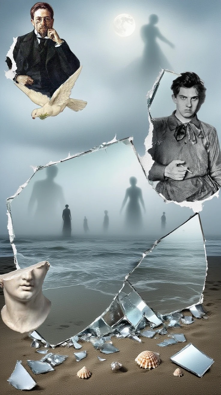 A surreal painting depicting a dark and moody landscape. The scene is set at dusk, with a cloudy, overcast sky that casts a dim, eerie light over the landscape. In the foreground, there is a lifeless, nude female figure lying on its back, its head and limbs detached and floating in mid-air. The figure has a pale, smooth complexion, and its eyes are closed, giving it a serene expression. Its chest is bare, showing a small, flat chest with no visible nipples. In the background, a man in a black suit, black bowler hat, and black shoes is standing with his back to the viewer, looking out over a calm, reflective body of water. The man's face is not visible, adding to the enigmatic nature of the scene. The landscape includes a wooden bridge crossing the water, with trees and bushes on either side. The colors are predominantly dark, with shades of black, gray, and blue, creating a somber and mysterious atmosphere. The overall composition and surrealism evoke a sense of unease and contemplation.