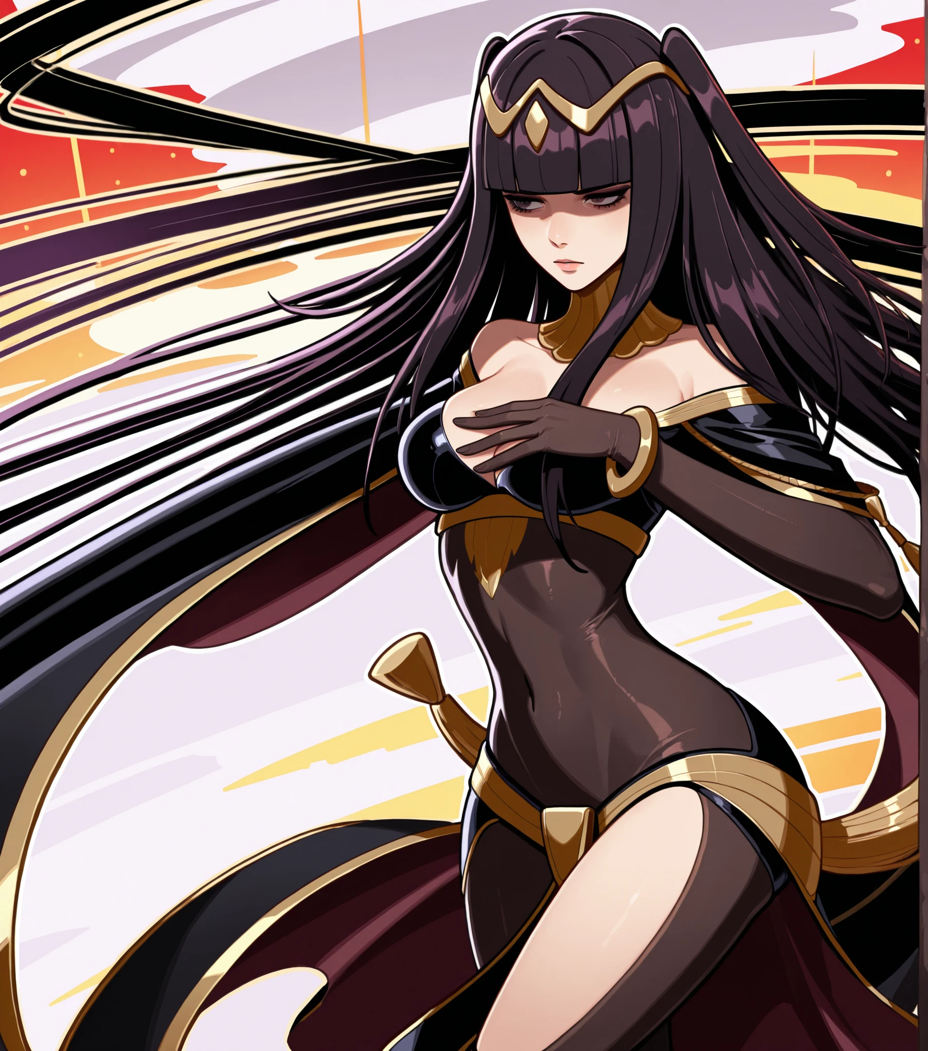 Tharja wearing a tight black outfit with black cape