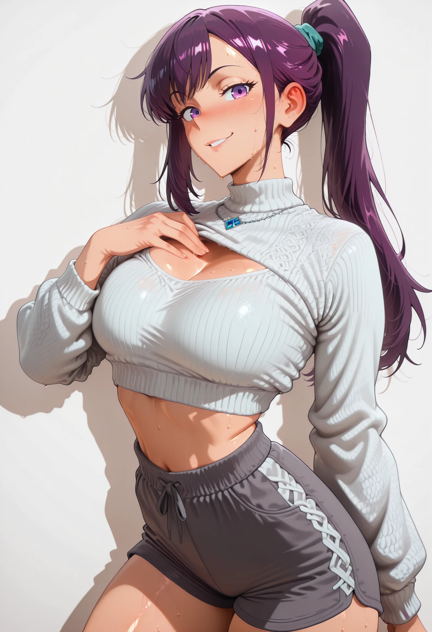 anime screencap, masterpiece, best quality,
1girl, solo, sweat,
purple hair, purple eyes, high ponytail,
JinahJogging,, looking at the viewer, cowboy shot,
bubble breasts, seductive twist, exaggerated voluptuous figure with impossibly large and prominent chest, dramatically slim waist, curvaceous hips, silky smooth skin with a mystical amethyst glow,, hips steady and slightly pushed forward, back straight to focus entirely on the chest and lace details), ultra-sensual face with a bold, confident, and mischievous smirk, highly detailed, 4k ultra quality, anime ecchi style,, vibrant and rich colors, hyper-sensual and irresistibly enchanting mood,, Anime screencap,solo focus, looking at viewer, shiny skin, shiny hair, shiny body, clear body, nose blush, BREAST FOCUS, POSING,, DYNAMIC POSE, NICE LEGS, COWBOY SHOT, cowboy shot, NOSE BLUSH,. ,, dynamic pose,, opaque clothes,,,
., opaque clothes, LOOKING AT VİEWER, opaque clothes, POSING, white sweater, grey shorts, shoulder cutouts, white background, empty background