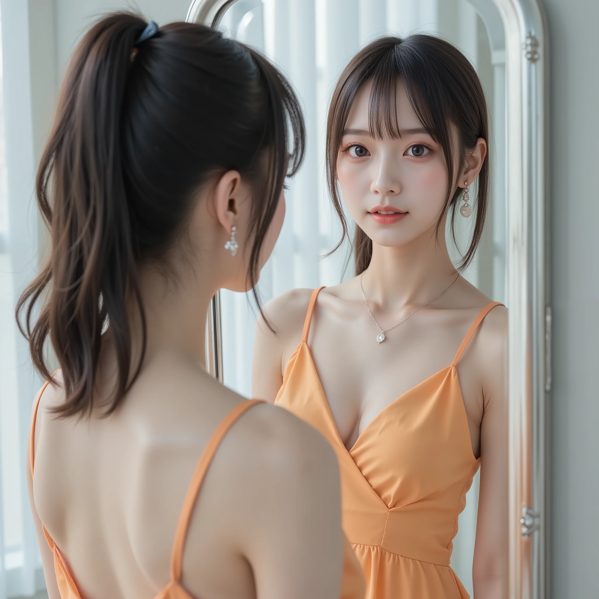 Japanese woman reflected in a mirror , woman is wearing a dress ,Woman Reflected in the Mirror,Woman Reflected in the Mirrorは下着姿になって映る不思議な鏡,Woman Reflected in the Mirrorは怪しく笑う,throw,first-person view, (Highest Quality, masterpiece), Ultra High Definition, Is transcendent, a gorgeous Japanese top idol woman with a cute idol face, wearing a deep v-neck camisole in a neon color that fits perfectly、 facing the mirror, ponytail, super clear focus,
