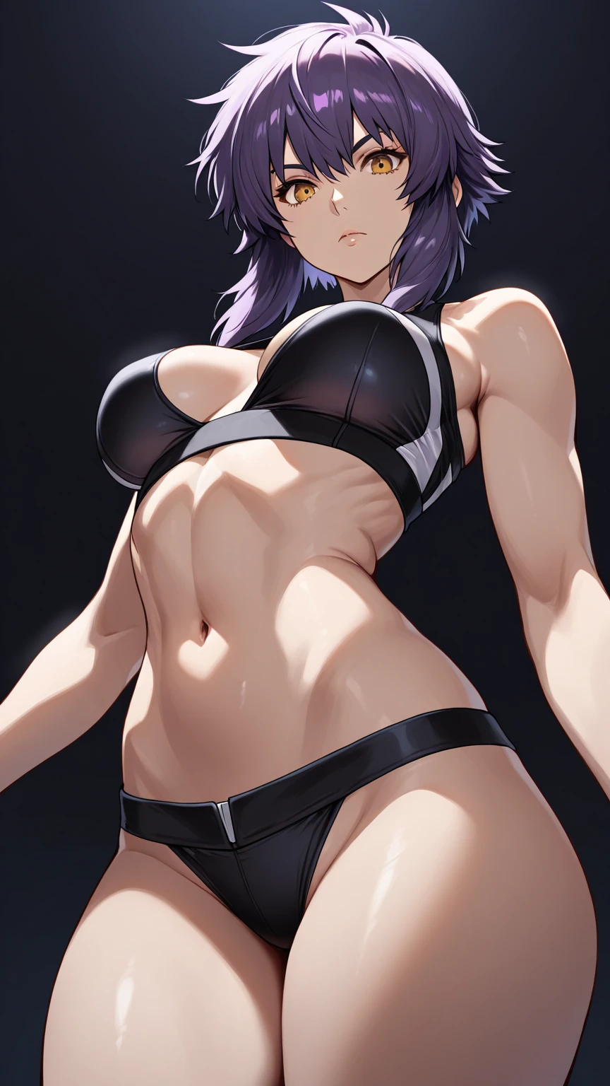(1 girl from an anime with purple hair), in the room, 1 girl, only, ((sadistic expression)), yellow eyes, Purpose, purple hair, looking at me, ((Lastly)), Wearing  shorts, (((side ponytail))), (((toned legs))), thick muscular thighs, slim waist, muscular stomach, hands on waist,  feet, medium , eye reflection, sparkling eyes, anime, anime style, cinematic lighting, ray tracing, Canon, panorama, 8k, UHD, masterpiece, ccurate, anatomically correct, super detail, high quality, highres, HD, 16k