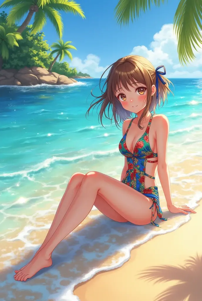 (best quality,4k,highres,masterpiece:1.2),ultra-detailed,realistic,tropical style,lush vegetation,beautiful seashells,soft sandy shore,gentle ocean waves,joyful expression,sparkling blue eyes,endless horizon,warm sunlight,relaxing atmosphere,salty sea breeze,slender figure,confident stride,swaying palm trees,delicate necklace,dangling earrings,beach towel draped over her shoulder,serene background noise of seagulls calling,crystal-clear water,melodic sound of waves crashing,perfectly pedicured toes,subtle shimmer on her skin,breezy sundress,playful flirtatiousness,delightful summer vibes,vibrant colors of nature,tropical paradise,artistic water reflections.