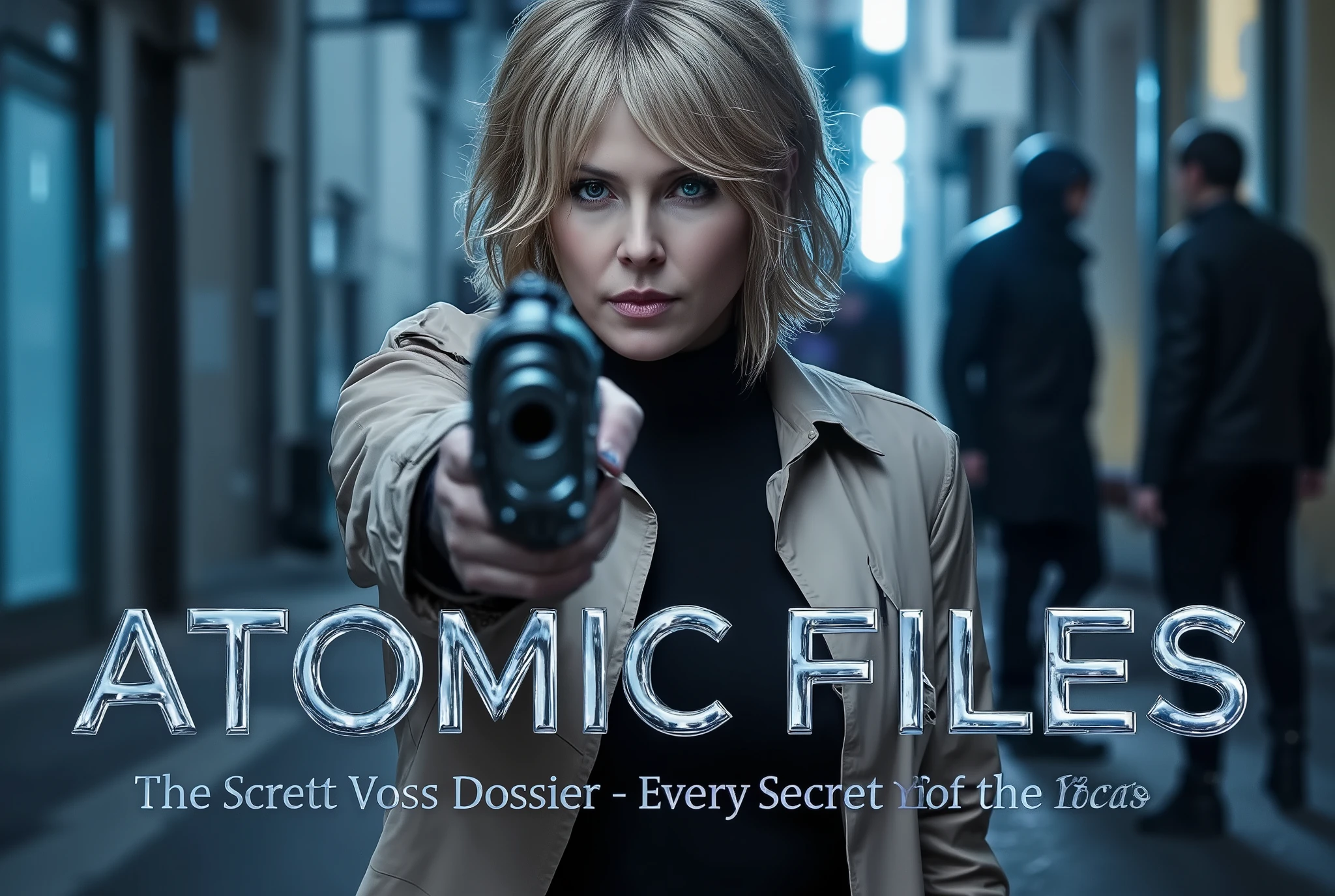 "Movie Poster Design for 'ATOMIC FILES – The Scarlett Voss Dossier'
Create a high-resolution cinematic movie poster featuring a mysterious blonde woman with sharp blue eyes and short hair, pointing a gun directly at the viewer. She wears a beige trench coat over a black turtleneck, standing in a narrow urban alley with cold blue lighting and blurred background figures. The atmosphere is tense and thrilling, evoking the style of spy thrillers like Atomic Blonde and John Wick.
Include cinematic lighting, lens flares, and strong contrast between shadow and light. Add dramatic typography for the movie title ‘ATOMIC FILES – The Scarlett Voss Dossier’ in bold, modern metallic letters, with a tagline below:
‘Every secret has a price.’
Overall aesthetic: neo-noir, action thriller, stylish, photorealistic, 8K ultra-detailed, cinematic composition, poster ratio (2:3)."