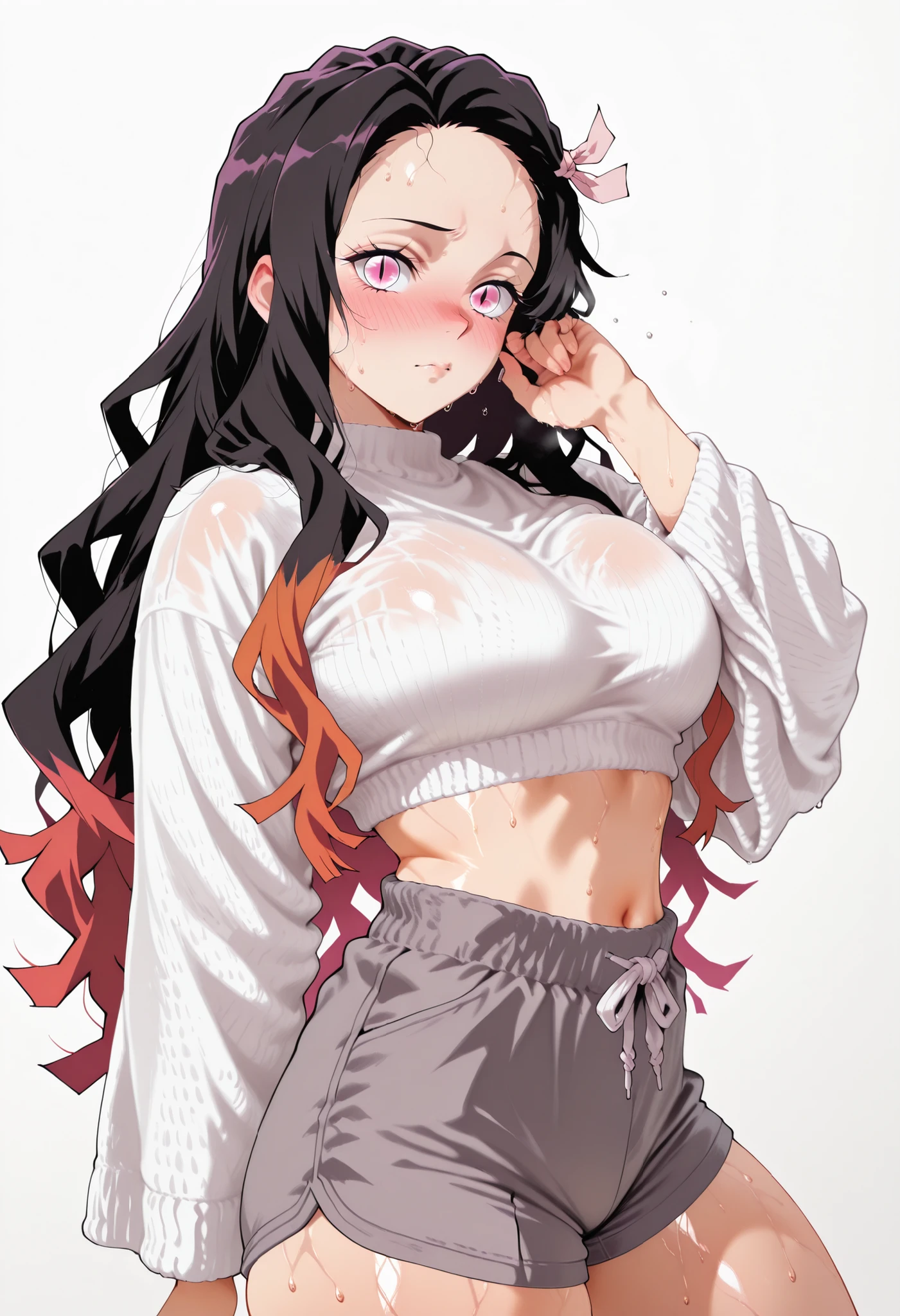 score_9, score_8_up, score_7_up, source_anime, sweat, sweaty, large breasts, looking at viewer, standing, sweay:1.3,, navel, midriff,, large breasts, nose blush, solo, female, thick thigh, thick thighs, sweat, sweaty, sweaty:1.3, white background, simple background, nezuko, nezuko from demon slayer, nezuko kamado, black hair, forehead, hair ribbon, long hair, multicolored hair, pink eyes, orange hair, slit pupils, wavy hair, two-tone hair, SOLO,, cowboy shot, solo, posing, pose,, white sweater, grey shorts, shoulder cutouts
