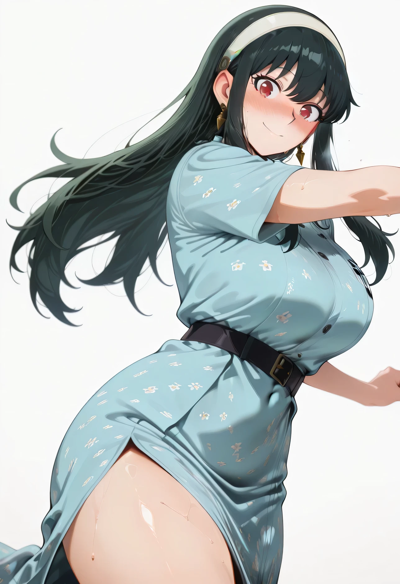 score_9, score_8_up, score_7_up, score_6_up, score_5_up, score_4_up, masterpiece, high quality, yor briar, black hair, red eyes, earrings, white hairband, hairband, long hair, sidelocks, , shiny skin, shiny hair, shiny body, clear body, , nose blush, sweat, sweaty, sweaty:1.3,,, nice legs,, looking at viewer, thick thigh, thick thighs, nice face, solo, opaque clothes, cowboy shot, nice legs, DYNAMIC POse, , solo, , thick thigh, dynamic pose, navel ,midriff,,, LOOKING AT VIEWER,, soft smile,, DYNAMIC POSE, floral print dress, belt, white background, empty background, standing