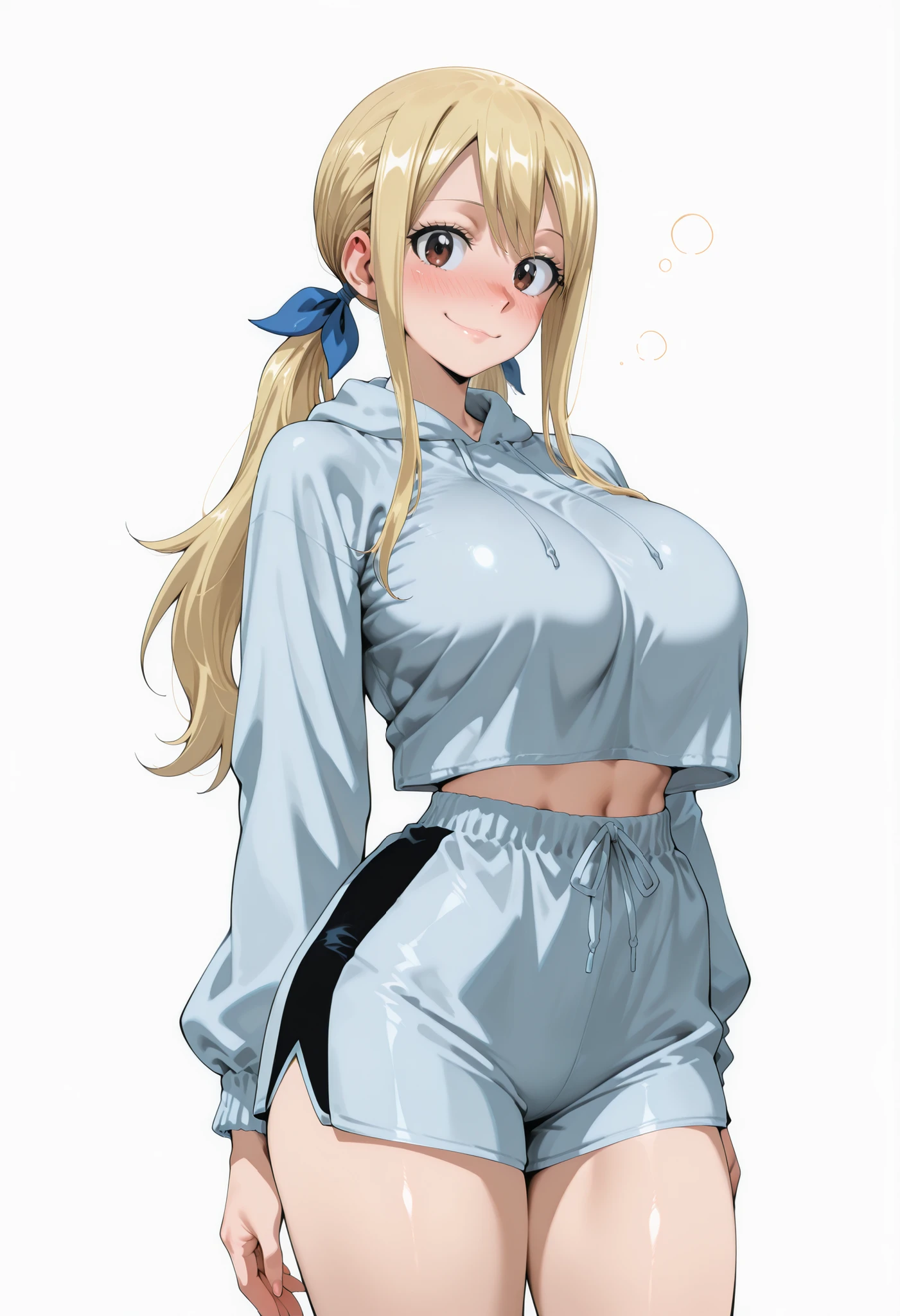 score_9, score_8_up, score_7_up, source_anime,  lucy heartfilia, long hair, blonde hair, large breasts, brown eyes,,, blue hair ribbon,, blush, drunk,, , looking at viewer,, , solo,, large breasts, big ass, thick thigs, wide hips, slim waist, mature body, nose blush,, looking at viewer, nice legs, legs, standing, solo, female, shiny skin, shiny hair, shiny body, clear body,,, cowboy shot ,,,, ,,,, , looking at viewer, NOSE BLUSH,,wide hips, slim waist,,, shiny skin, shiny hair, shiny body, clear body, , solo, STANDING, POSING, thick thighs, thighs, solo, standing, POSING,, perfect eyes,  white background, empty background, distinc shadows,  solo, large breasts, thick thigh, dynamic pose,,,, LOOKING AT VIEWER, WHITE BACKGROUND, EMPTY BACKGROUND, soft smile,, DYNAMIC POSE,, big ass,,,  large breasts, LOOKING AT VIEWER, WHITE BACKGROUND, EMPTY BACKGROUND, soft smile,, DYNAMIC POSE, hoodie, shorts